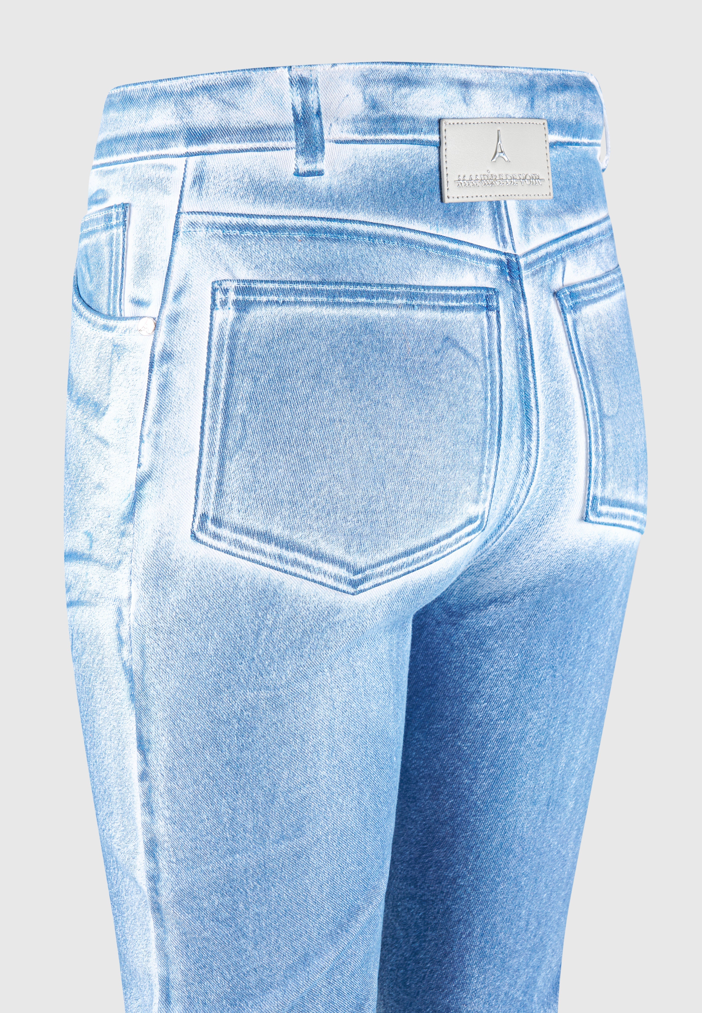 White & Blue Denim Flare Jeans with Tacked Detailing | Manière De Voir