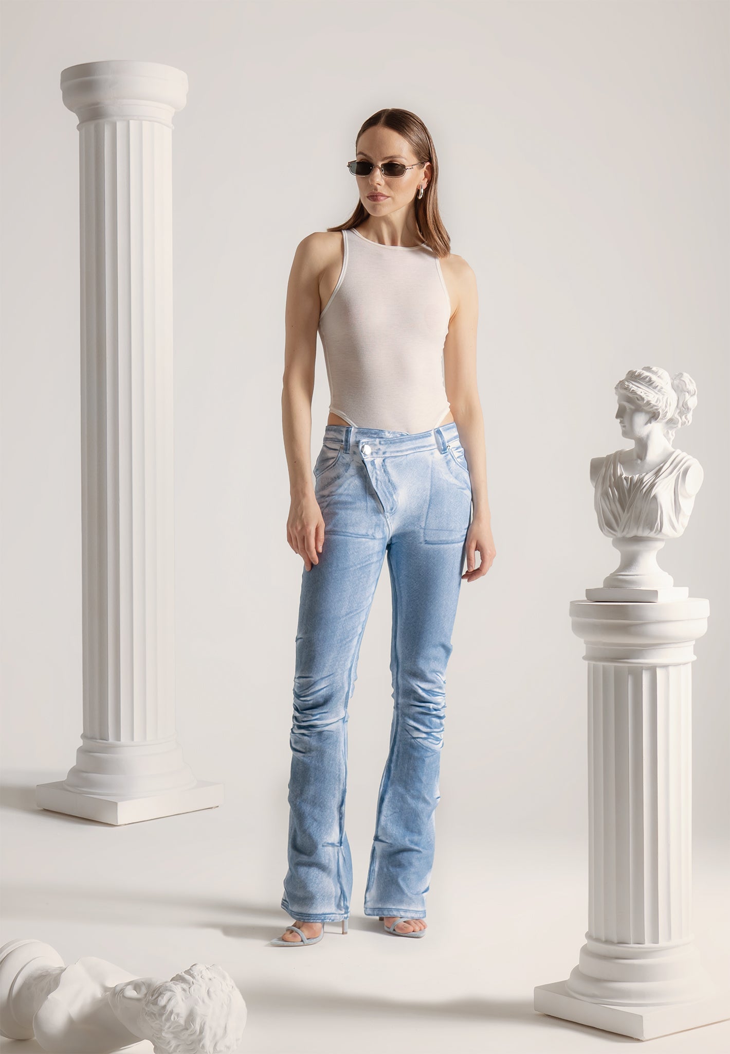 White & Blue Denim Flare Jeans with Tacked Detailing | Manière De Voir