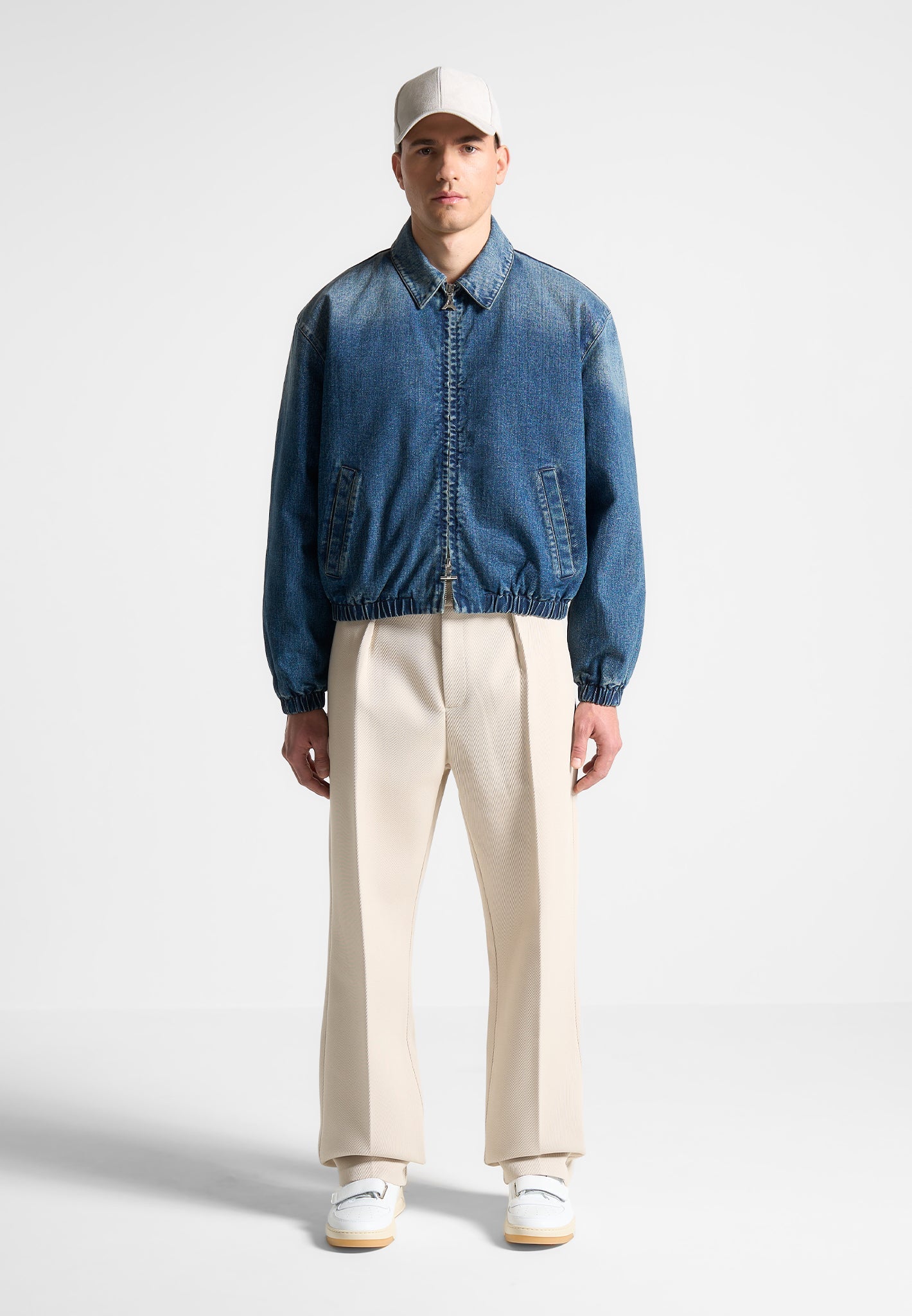Denim Cropped Bomber Jacket with Padded Detail | Mid Blue