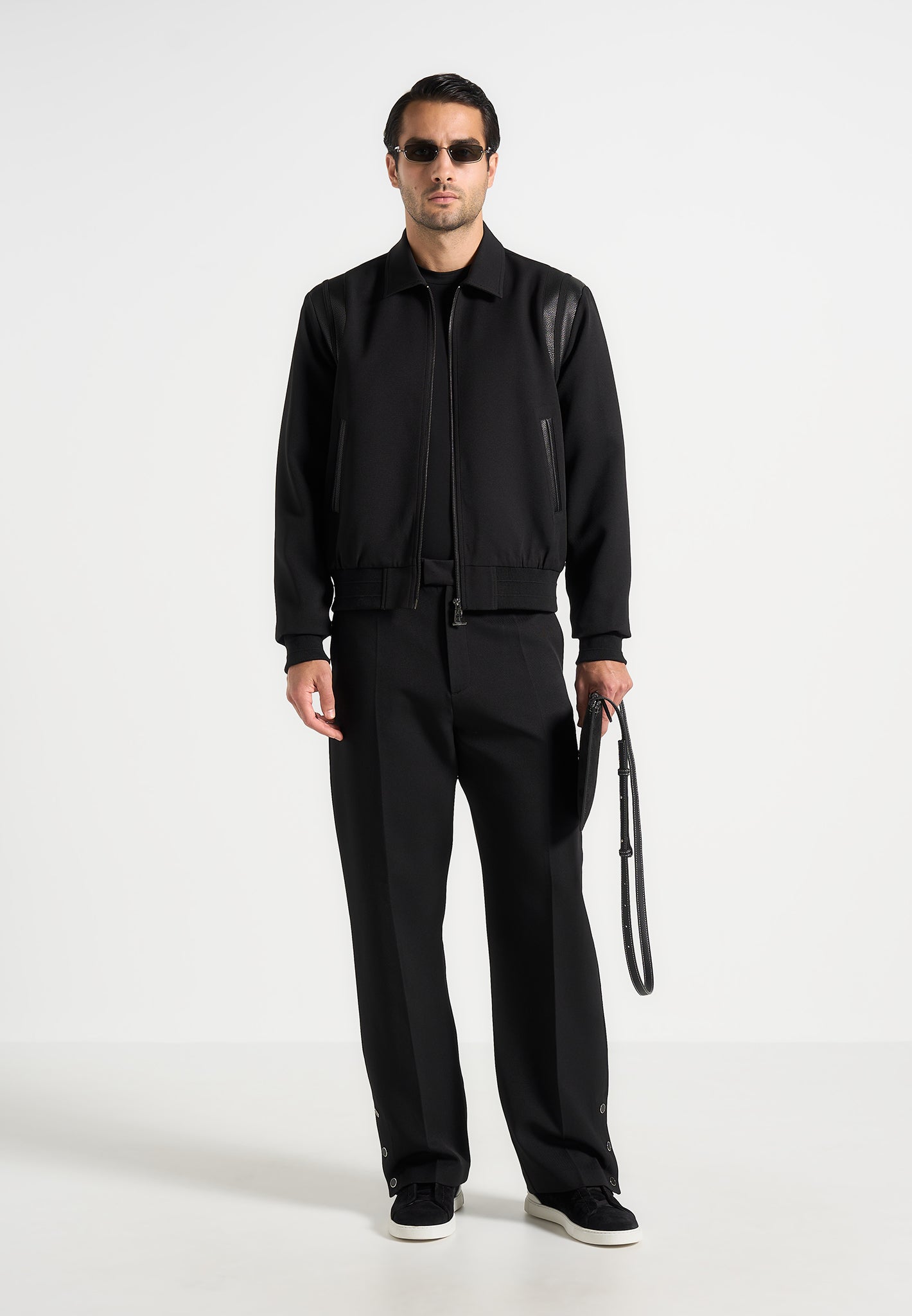 Black Tailored Varsity Jacket with Vegan Leather Panels | Denis