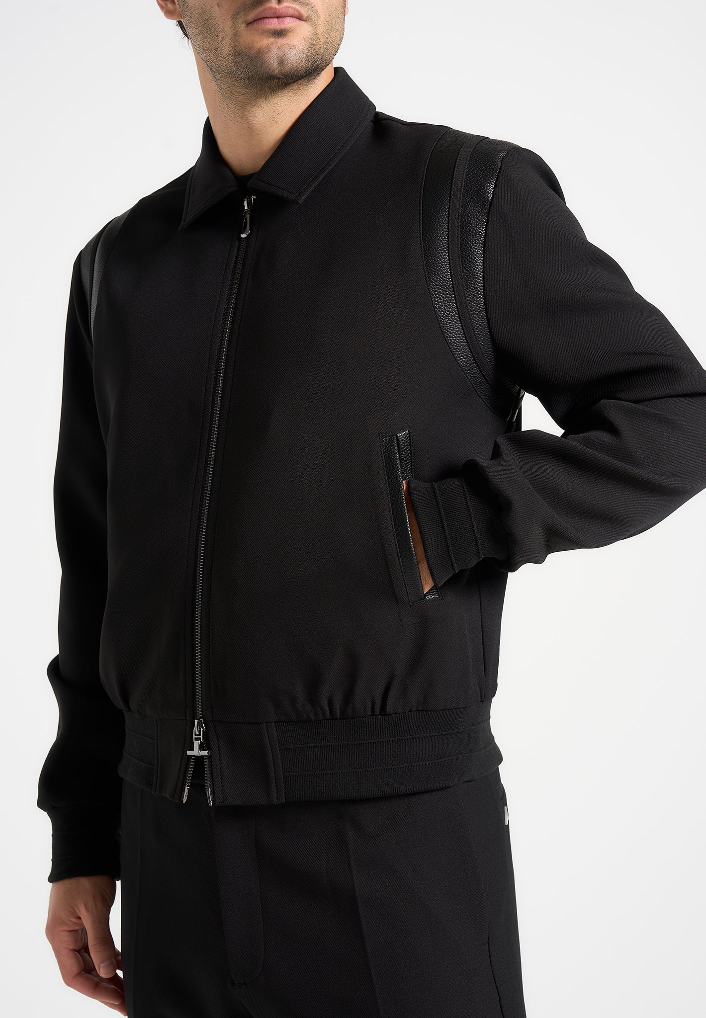 Black Tailored Varsity Jacket with Vegan Leather Panels | Denis
