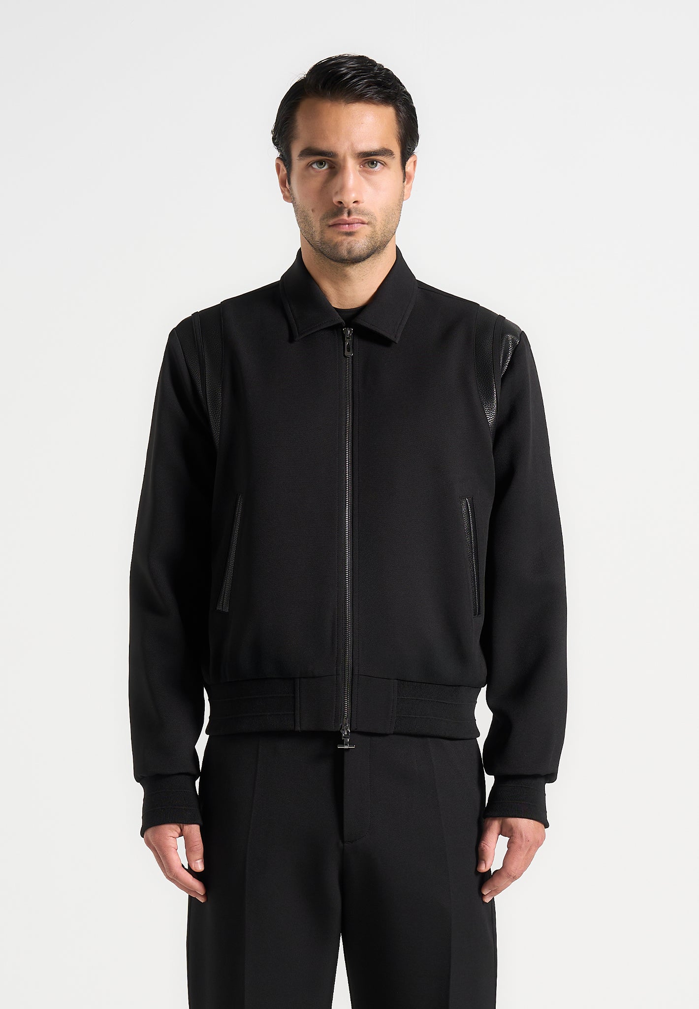 Black Tailored Varsity Jacket with Vegan Leather Panels | Denis