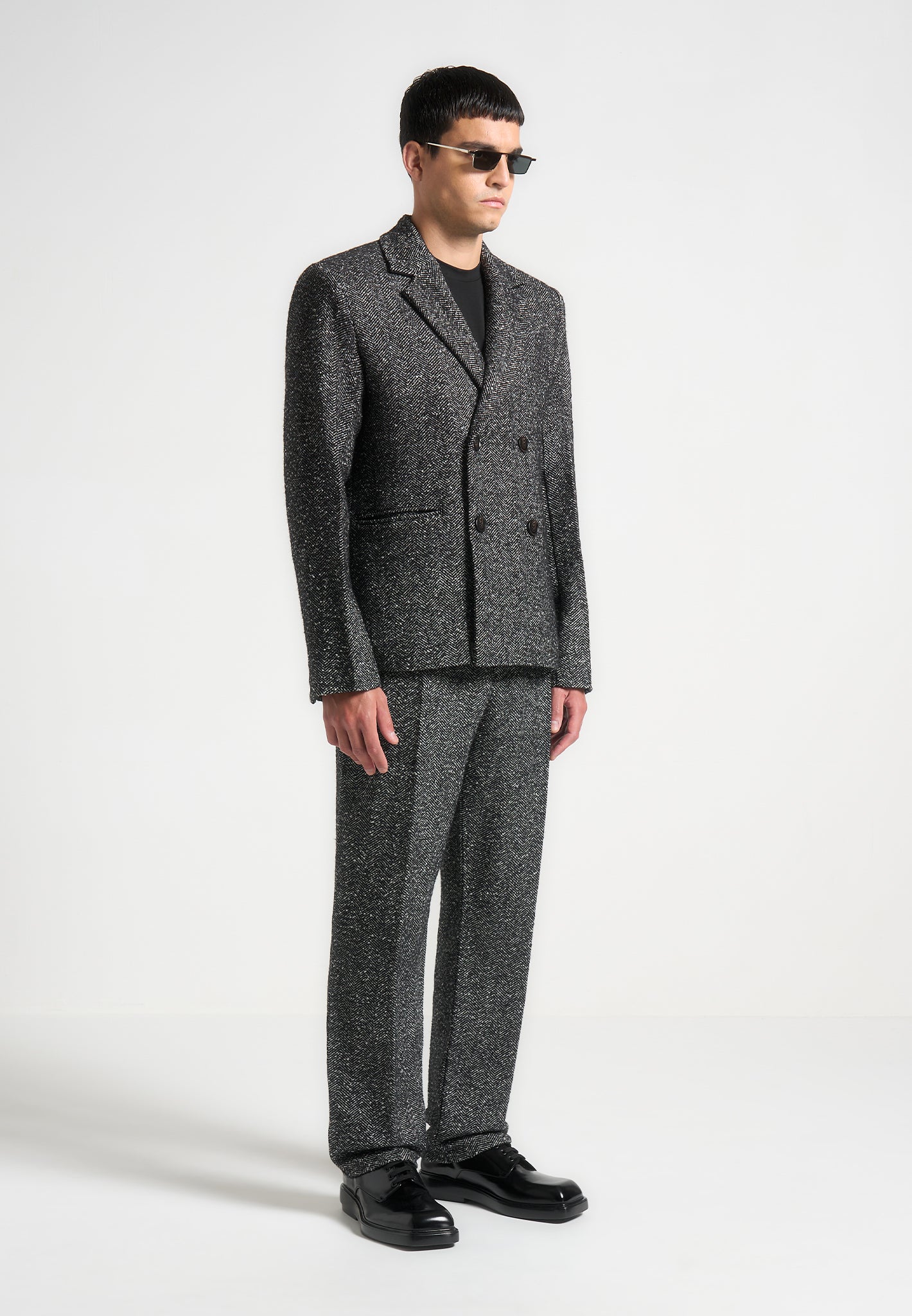 Double Breasted Wool Blend Suit Jacket - Herringbone Black | Didier