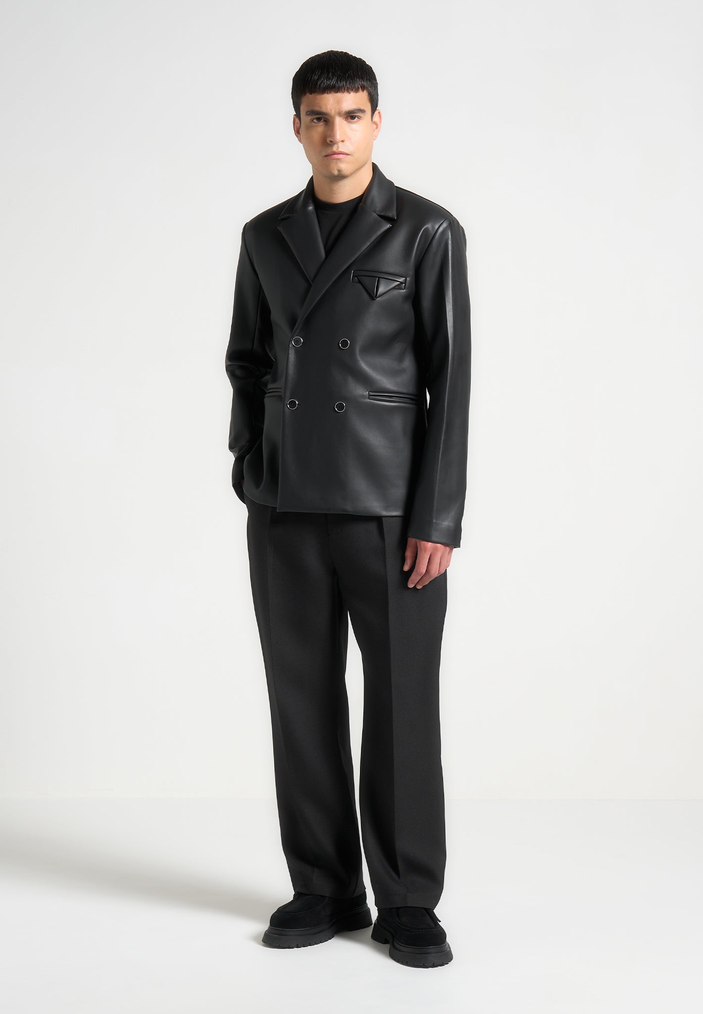 Vegan Leather Double Breasted Suit Jacket - Black | Didier