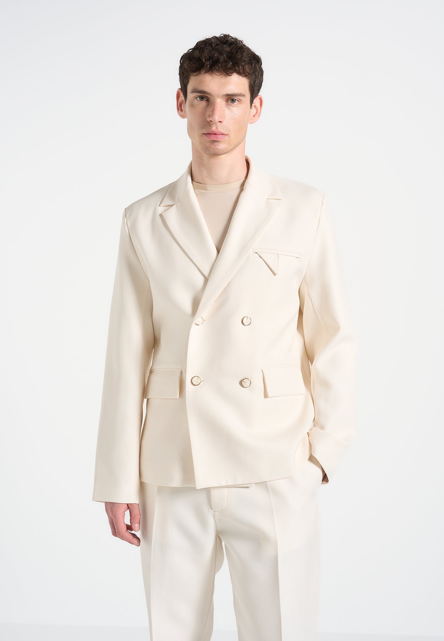 Double Breasted Pinstripe Suit Jacket with Peak Lapels | Didier