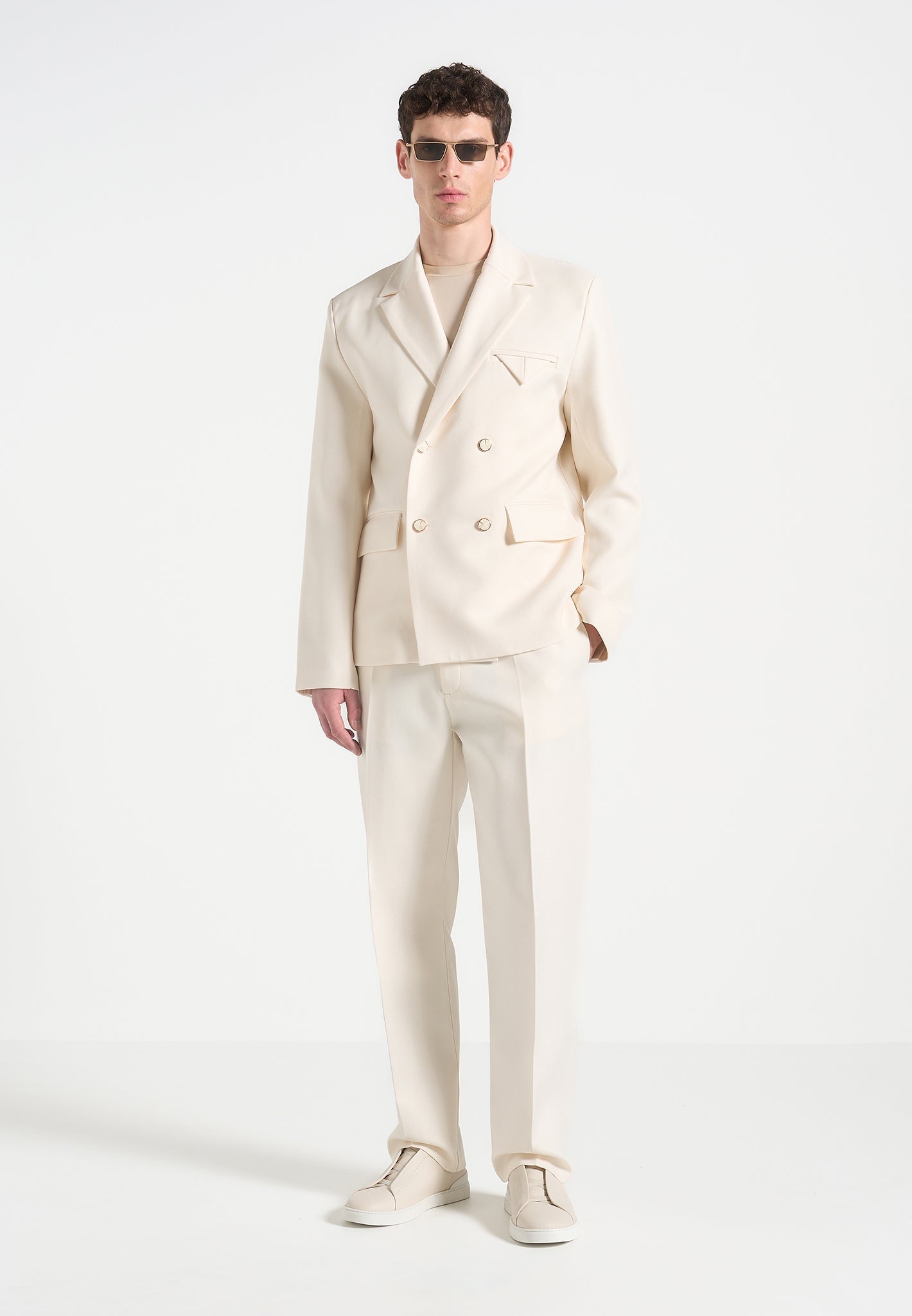Double Breasted Pinstripe Suit Jacket with Peak Lapels | Didier