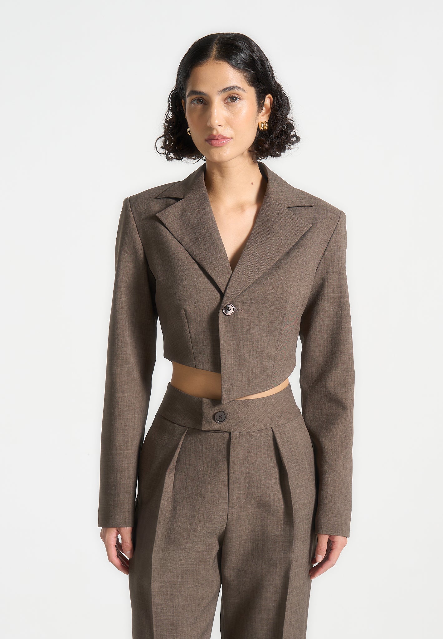 Asymmetric Tailored Cropped Blazer with Silver Plaque | Dina