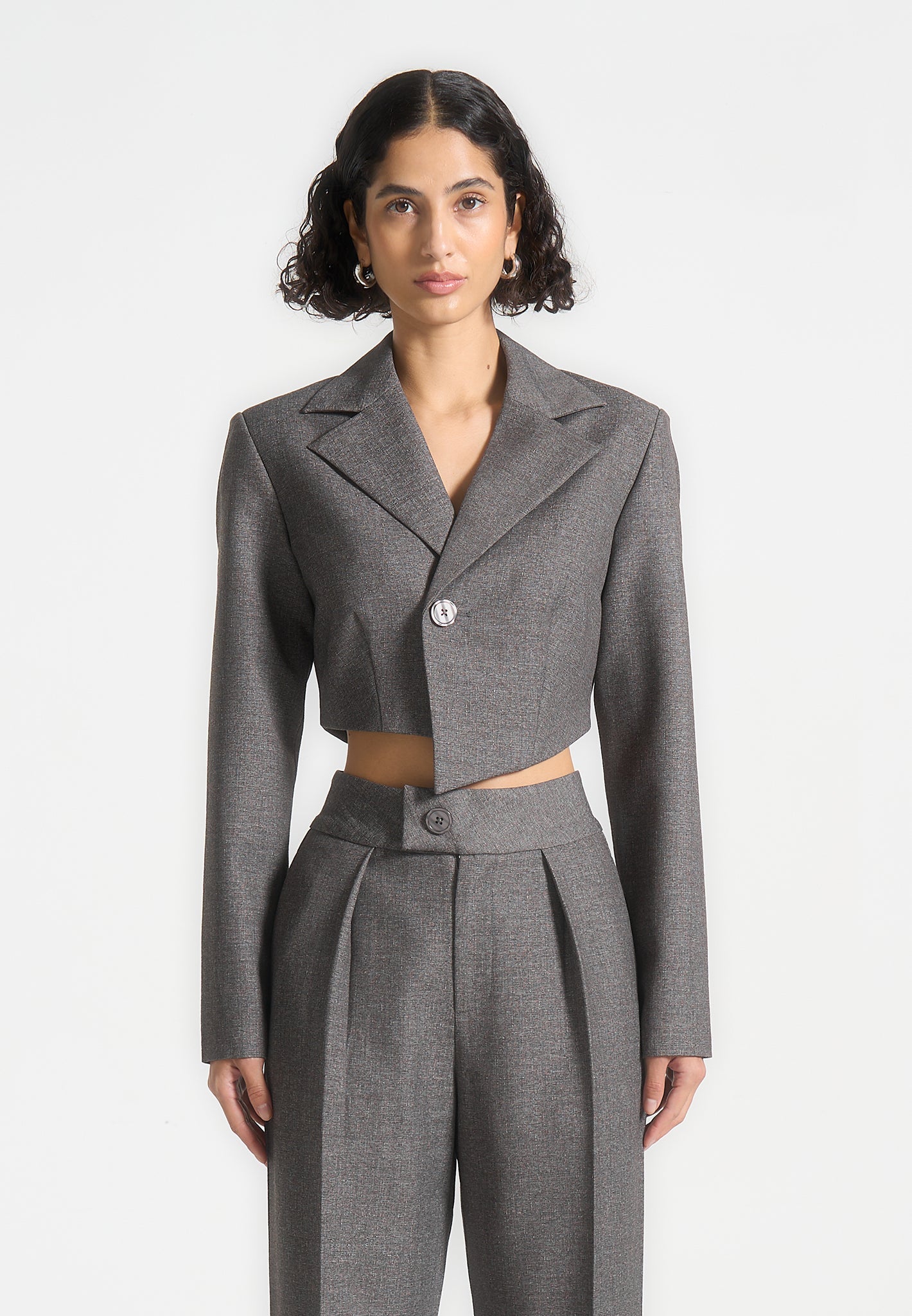 Asymmetric Cropped Blazer for Women - Tailored Grey Marl | Dina