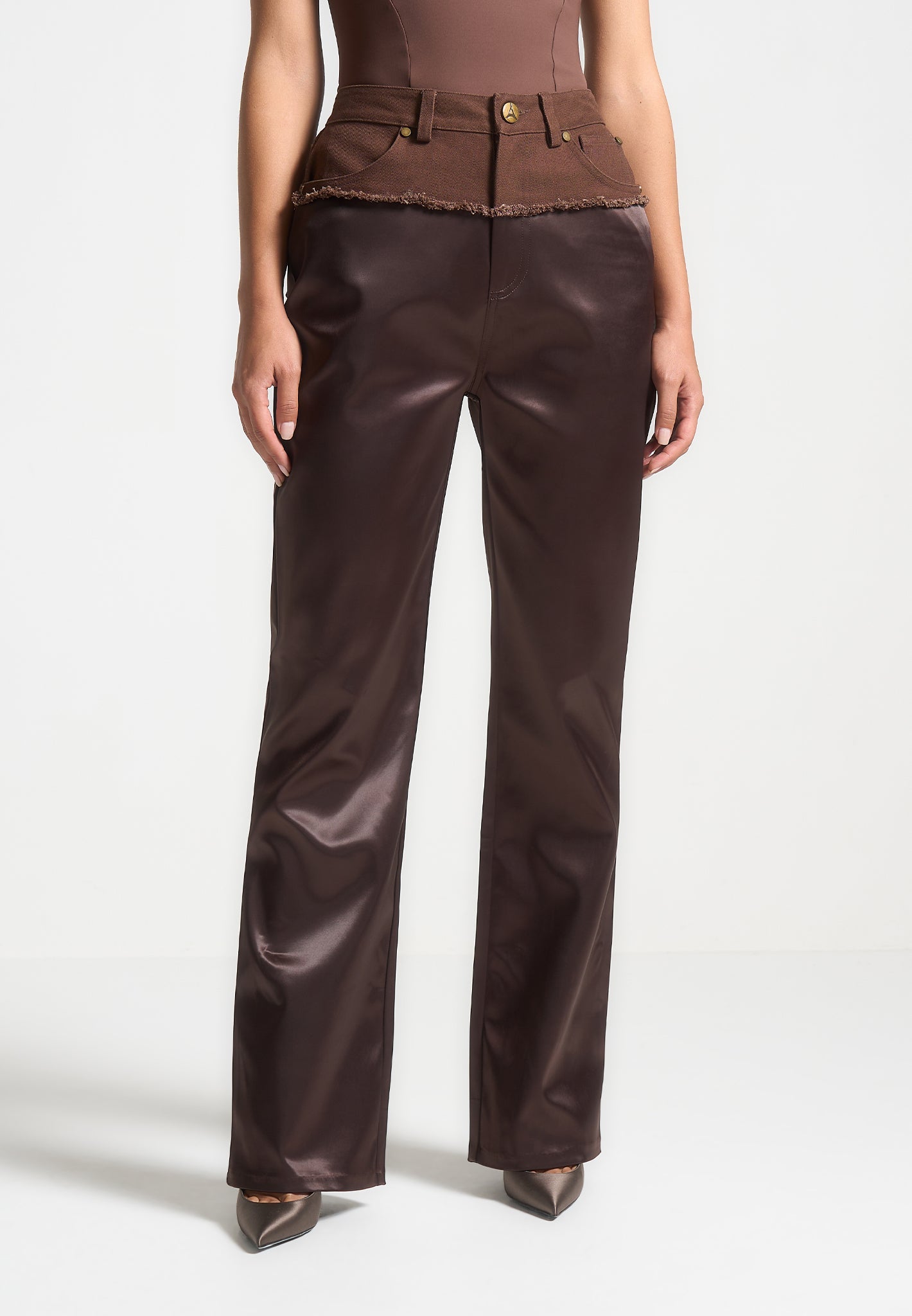 Distressed Satin Trousers with Vegan Leather Patch | Straight Leg Pants