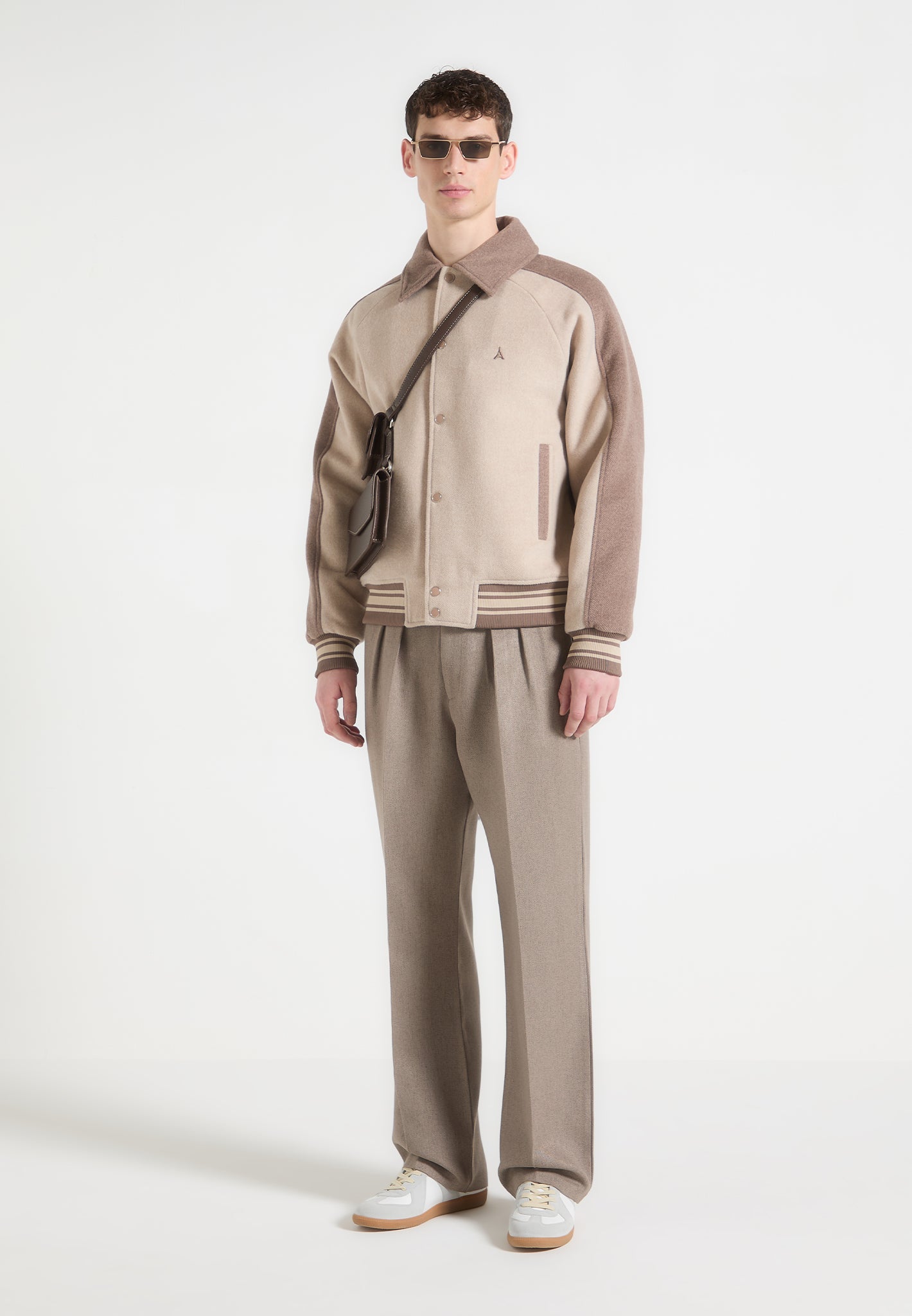 Wool Blend Varsity Jacket with Contrast Panels & Quilted Lining | Manière De Voir