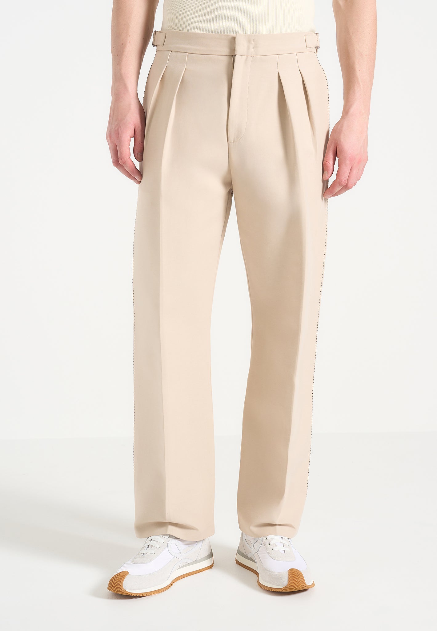 Twin Pleat Chino Trousers with Adjustable Waist | Dorian - Beige