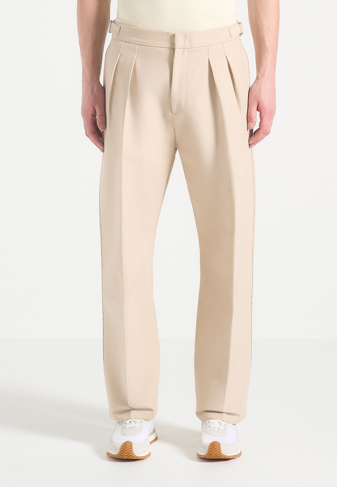 Twin Pleat Chino Trousers with Adjustable Waist | Dorian - Beige