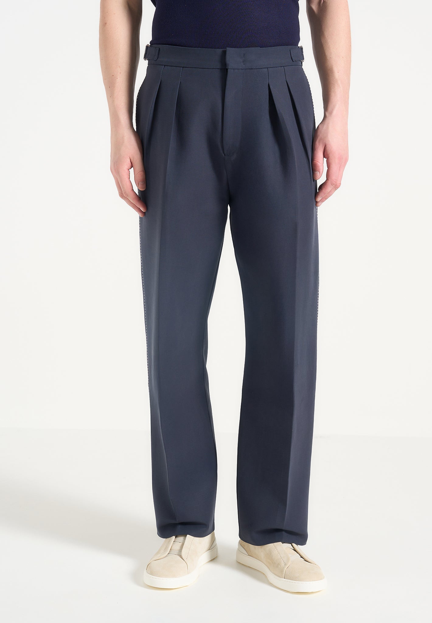 Twin Pleat Chino Trousers with Adjustable Waist | Dorian Navy