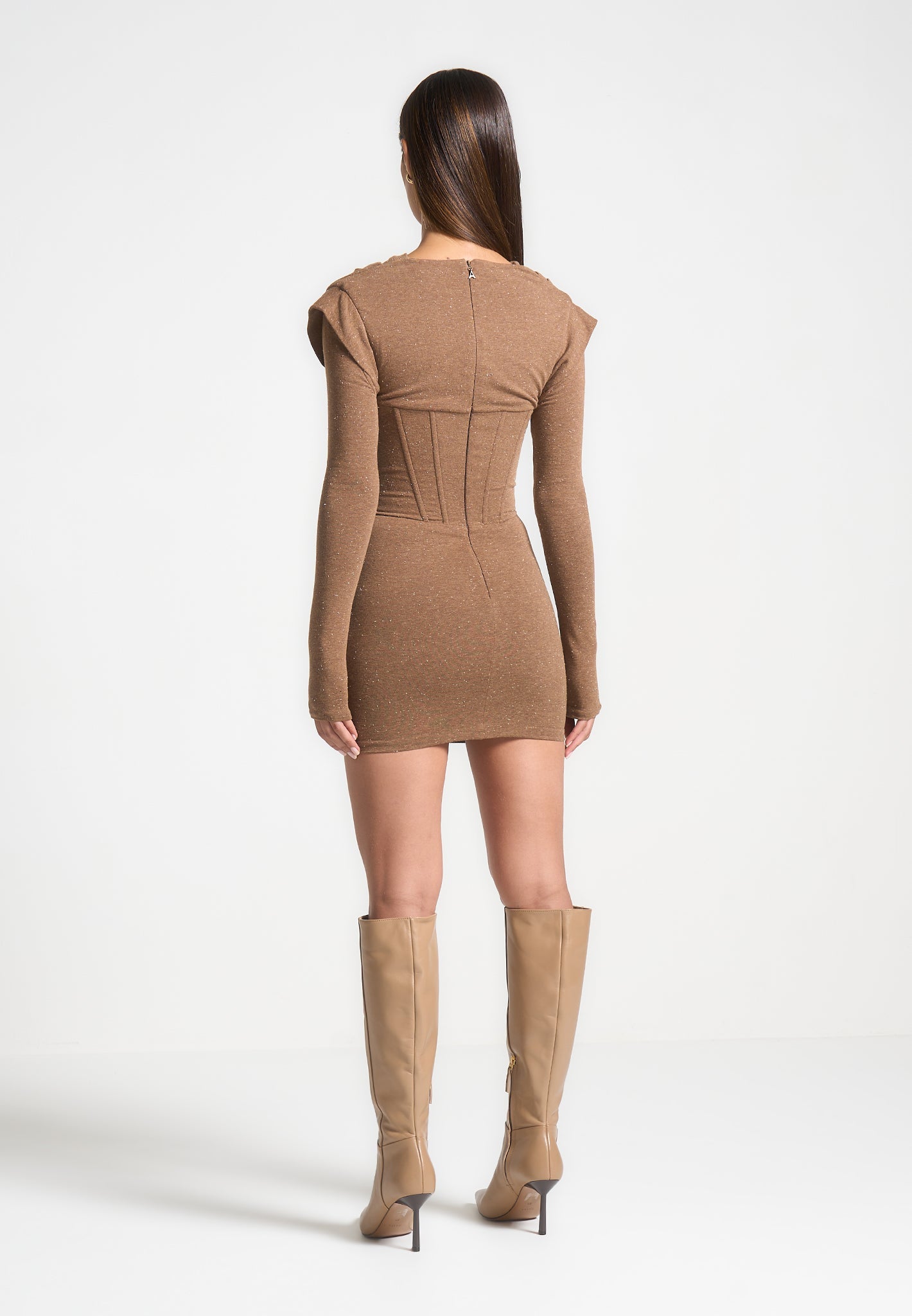 Brown Marl Corset Overlay Mini Dress | Flattering Silhouette & Long Sleeve