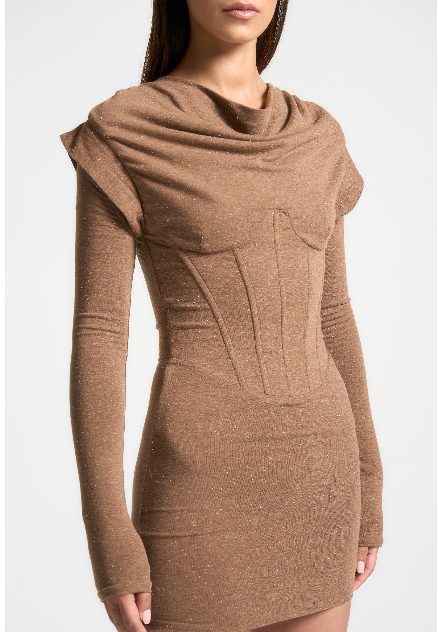 Brown Marl Corset Overlay Mini Dress | Flattering Silhouette & Long Sleeve