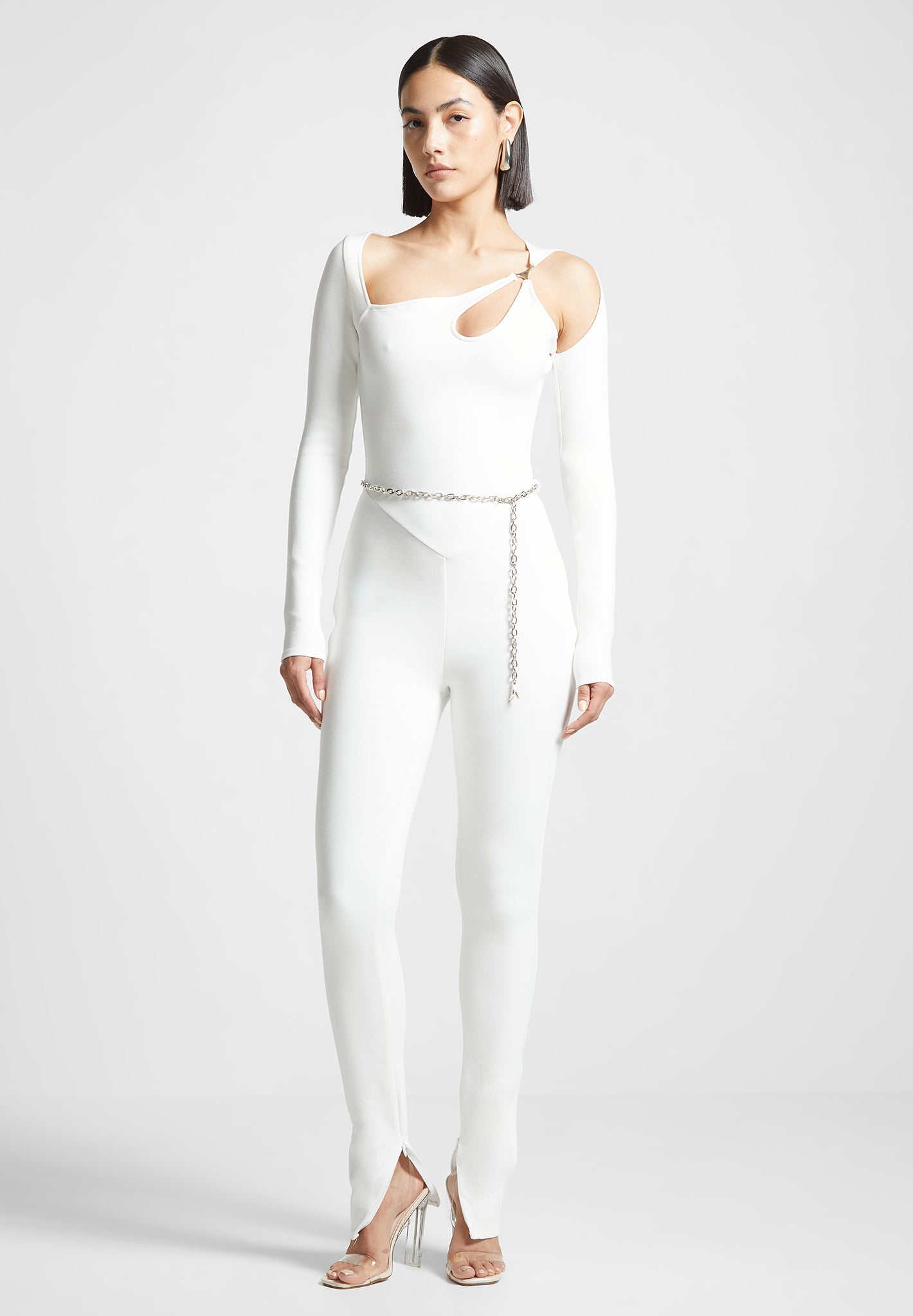 Off White Eiffel Chain Jumpsuit with Cut Out Detail | Long Sleeve