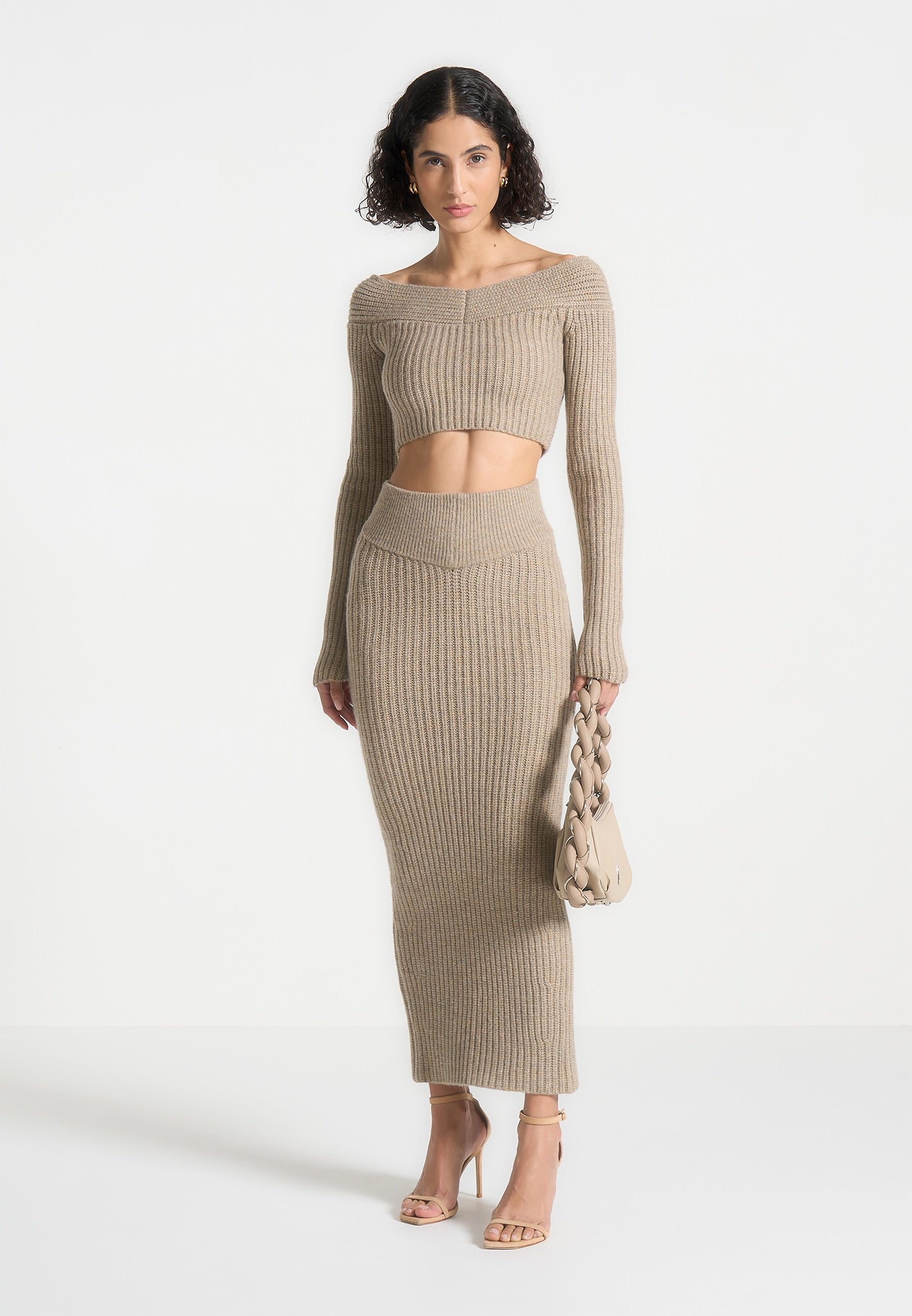 Angled Waist Knit Maxi Skirt with Back Slit | Beige Marl