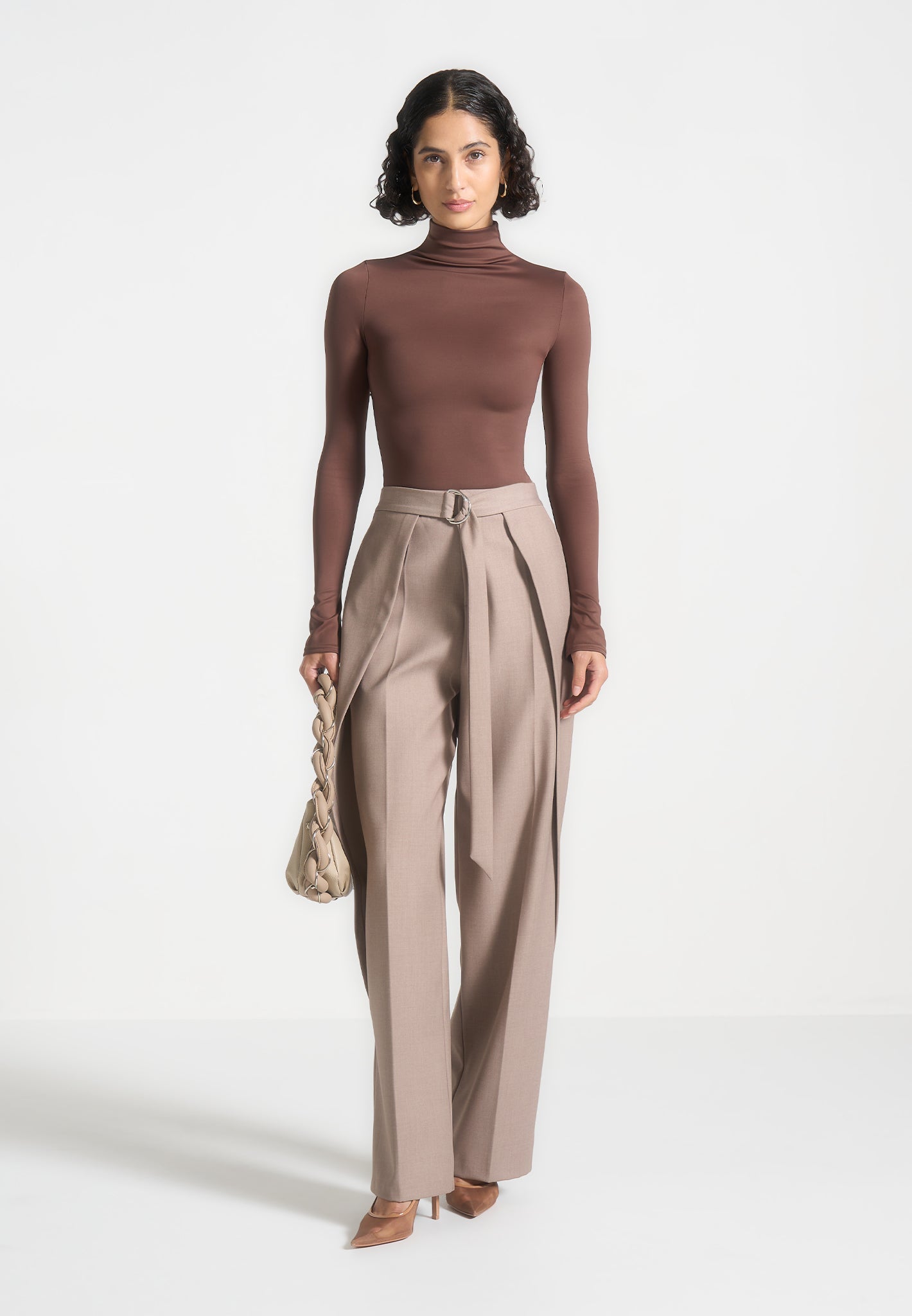 Mock Neck Long Sleeve Top - Elegant Brown Élise Blouse | Figure Flattering