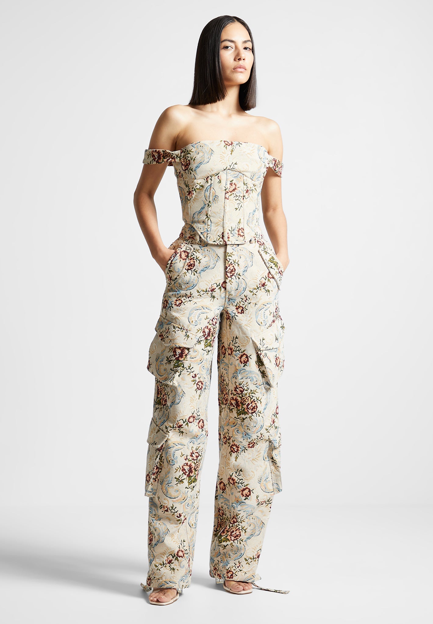 Floral Jacquard High Waisted Cargo Pants with 3D Pockets | Anne