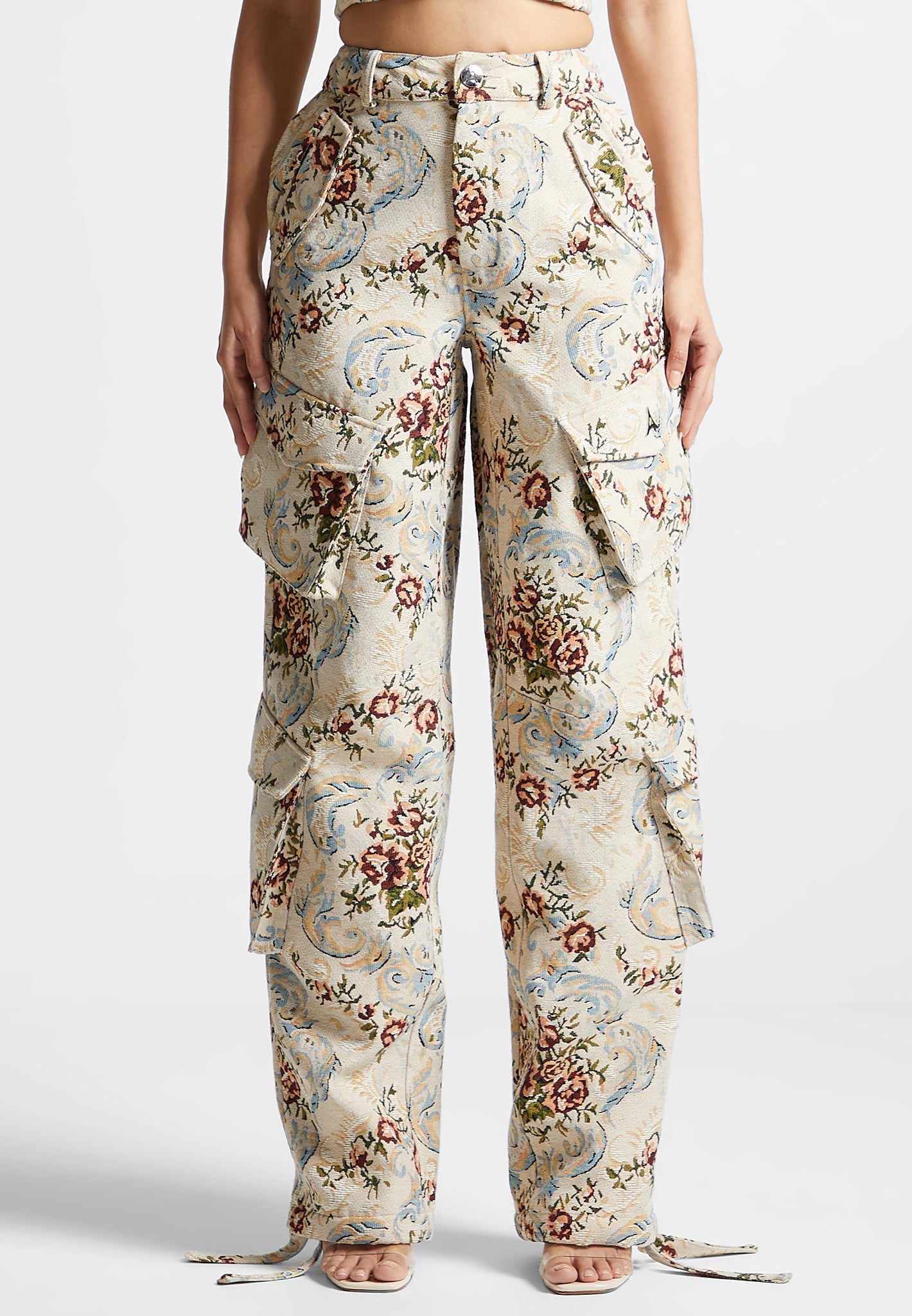 Floral Jacquard High Waisted Cargo Pants with 3D Pockets | Anne