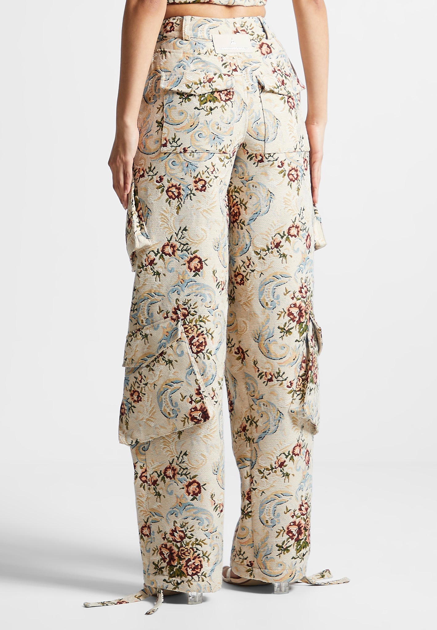Floral Jacquard High Waisted Cargo Pants with 3D Pockets | Anne