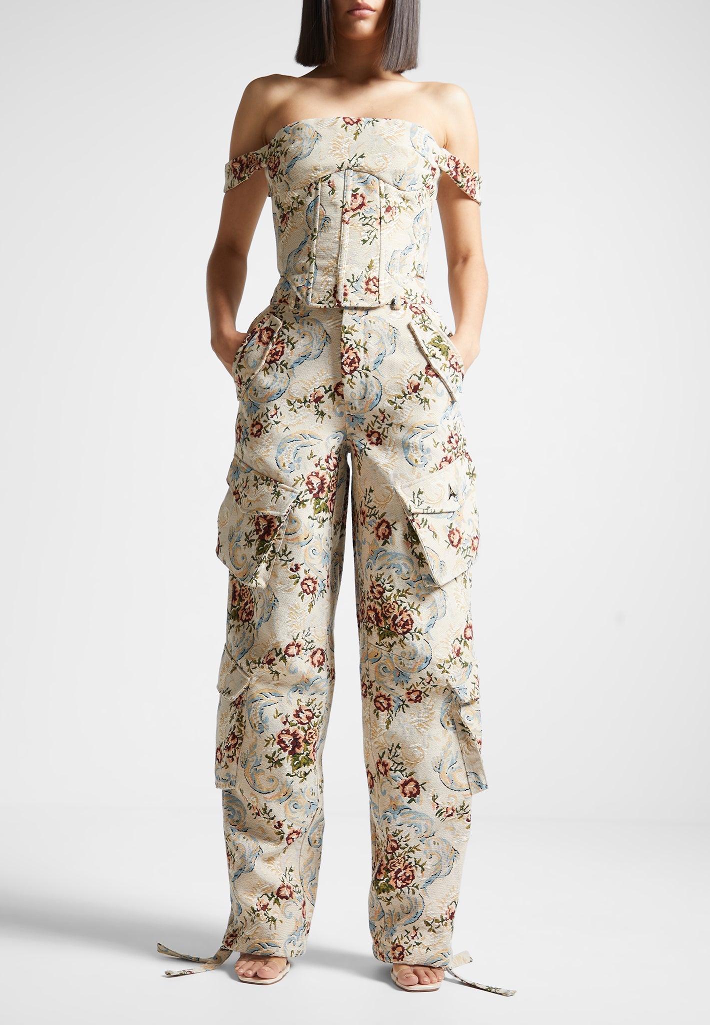 Floral Jacquard High Waisted Cargo Pants with 3D Pockets | Anne