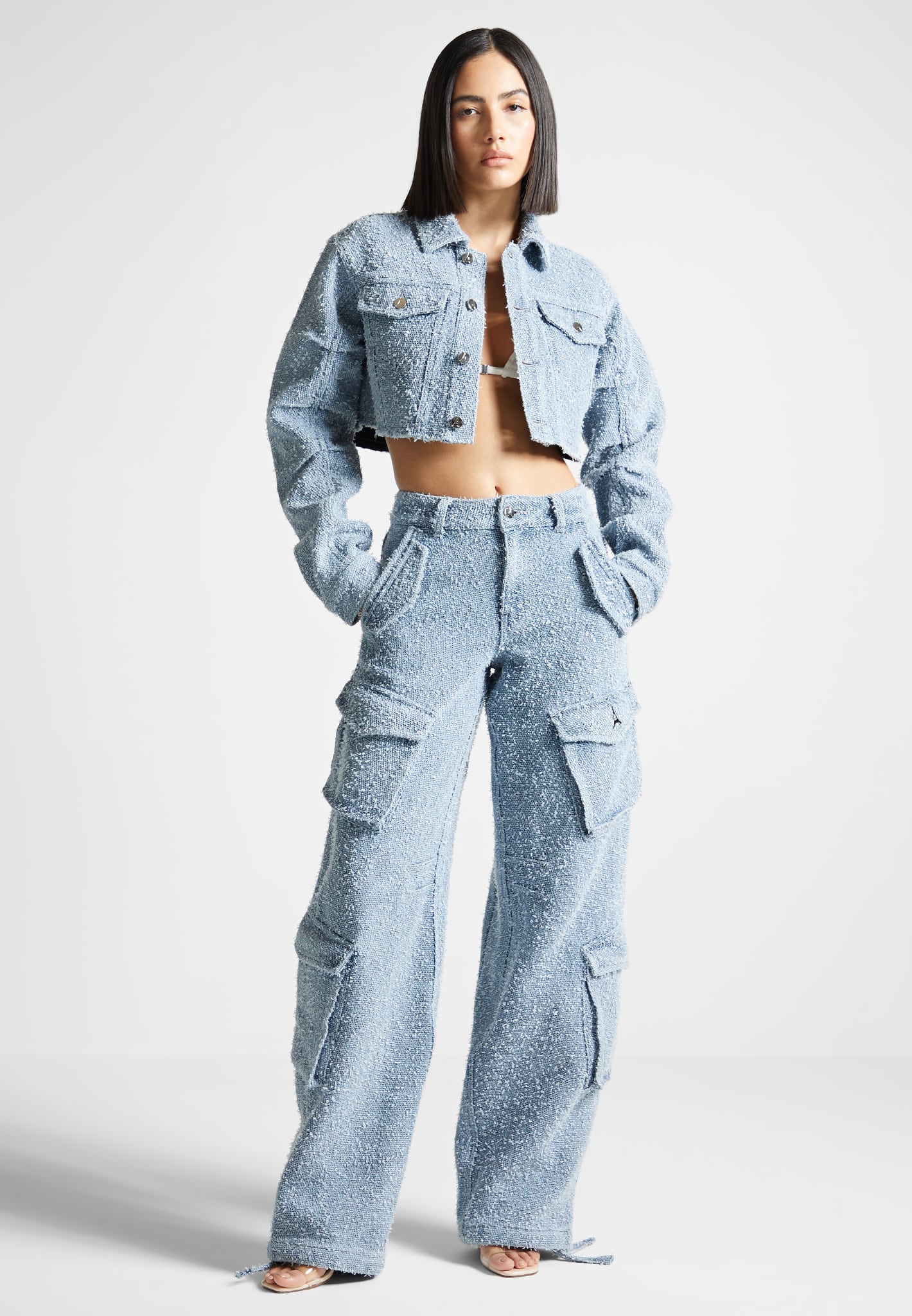 High Waisted Boucle Denim Cargo Pants with Adjustable Waist | Manière De Voir