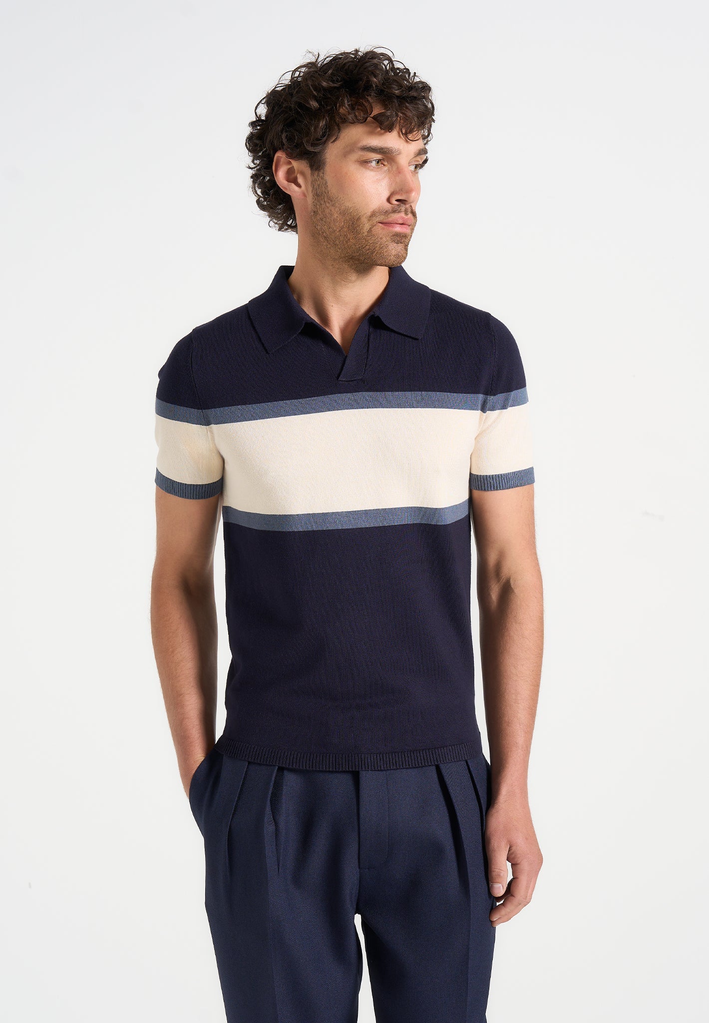 Color Block Polo Shirt for Men - Navy & White Stripe | Enzo