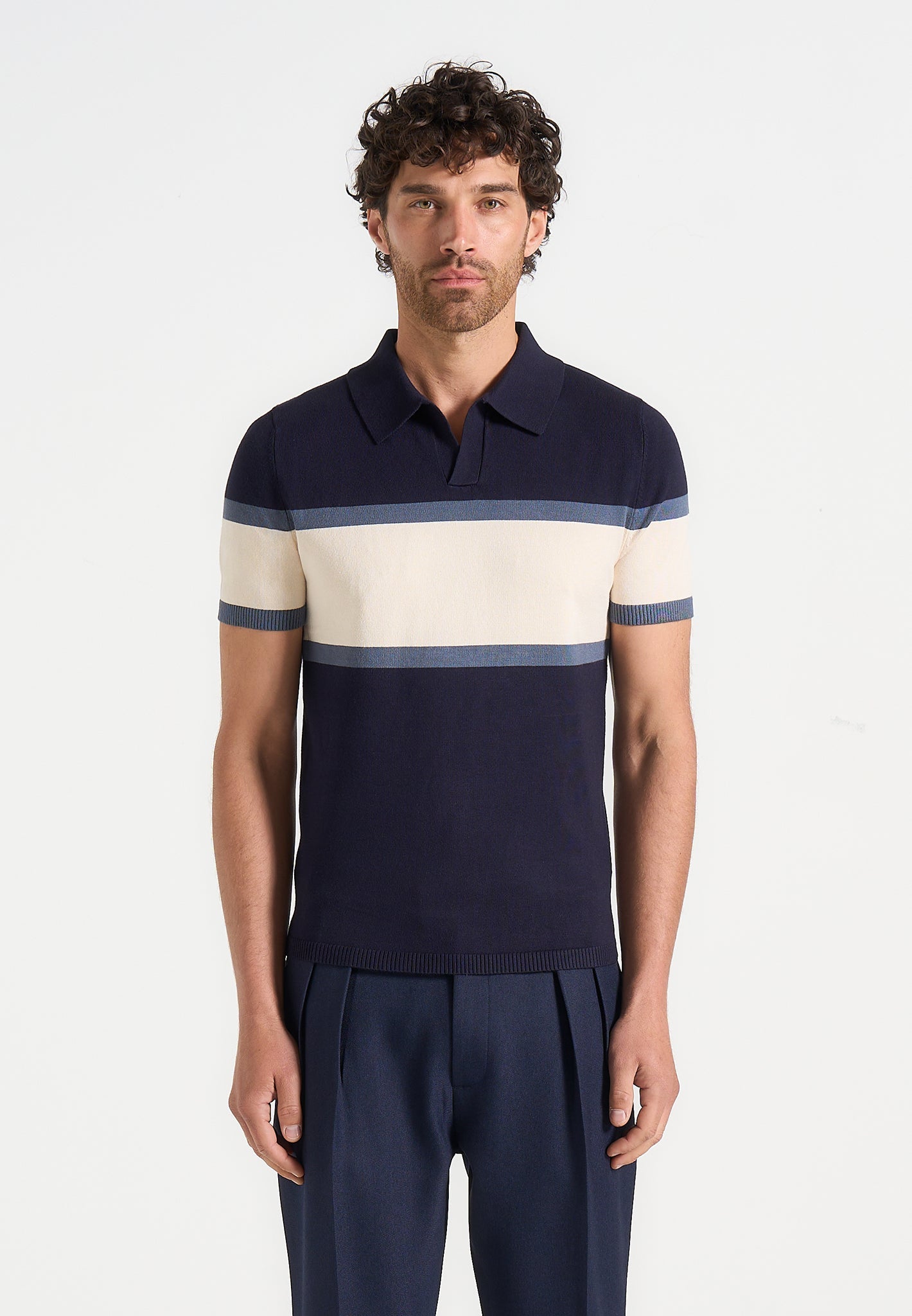 Color Block Polo Shirt for Men - Navy & White Stripe | Enzo