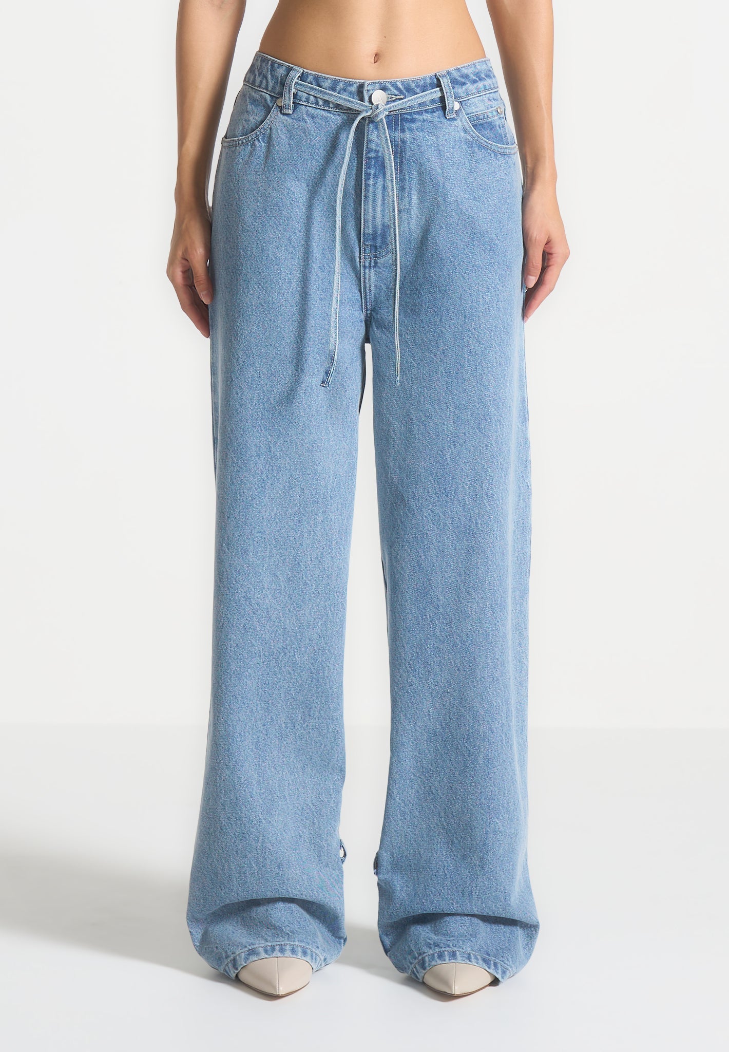 Wide Leg Mid Rise Jeans with Tie Waist | Faye Denim