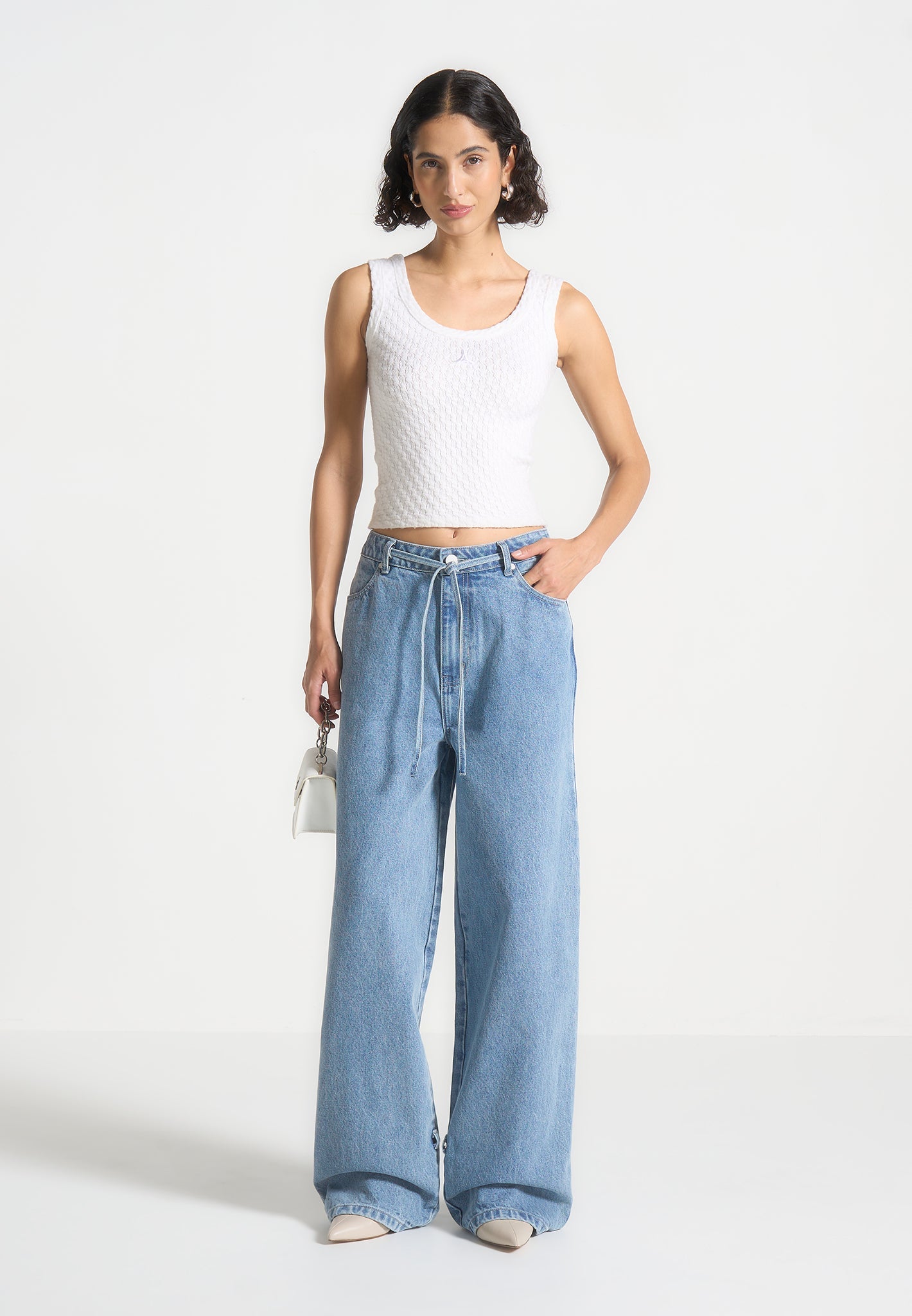 Wide Leg Mid Rise Jeans with Tie Waist | Faye Denim