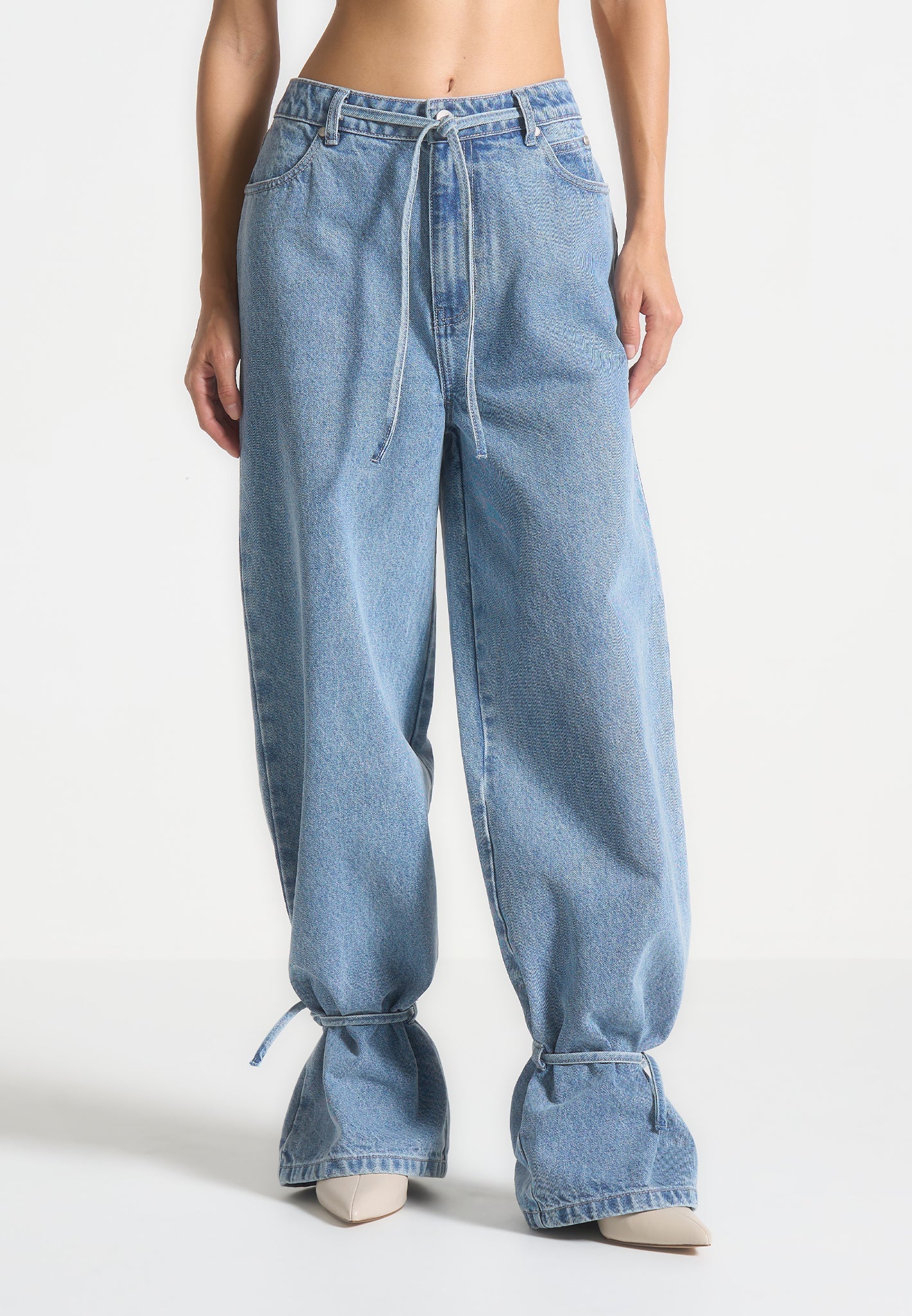 Wide Leg Mid Rise Jeans with Tie Waist | Faye Denim