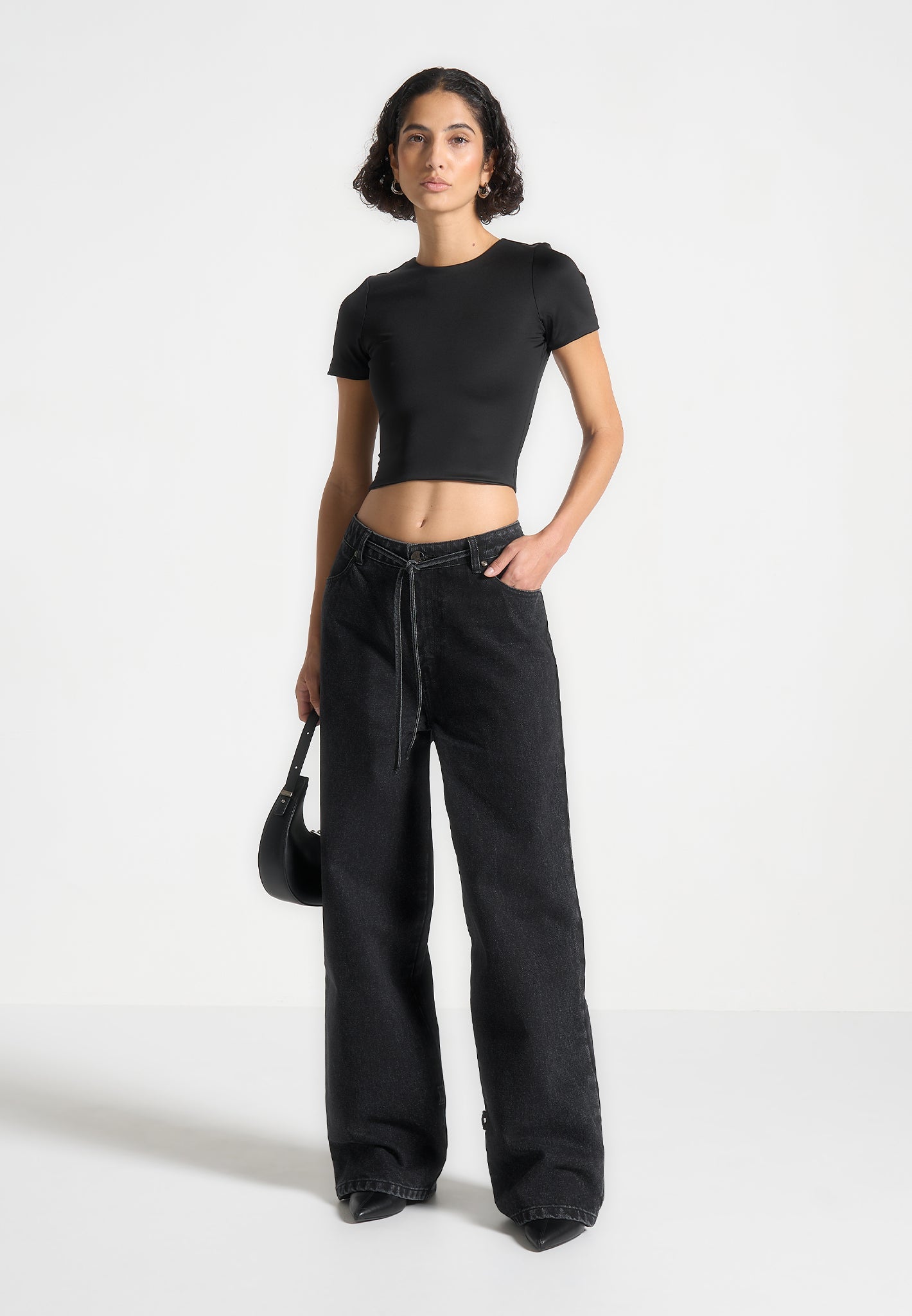 Wide Leg Mid Rise Jeans with Tie Waist | Washed Black Denim