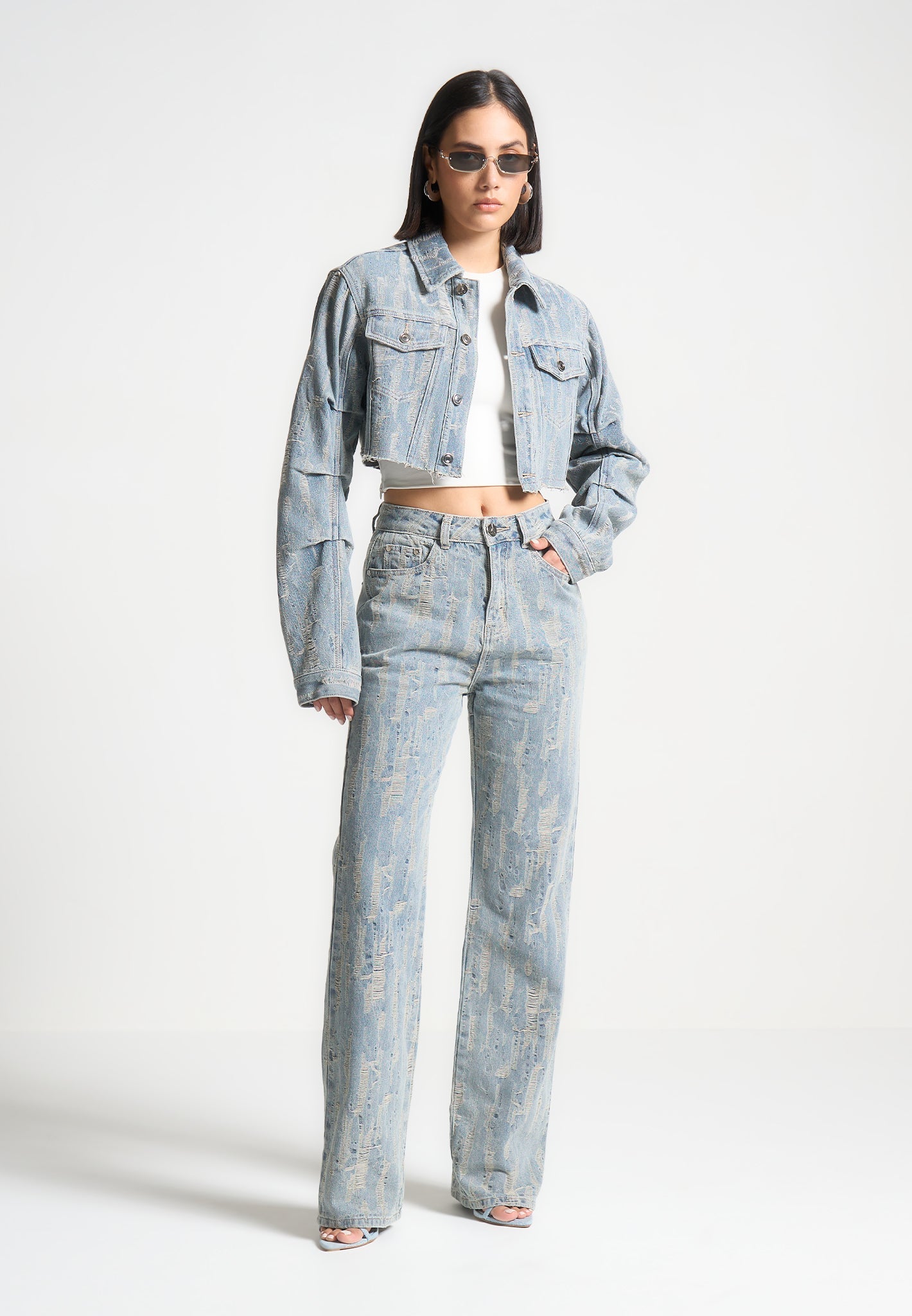 Distressed High Rise Straight Leg Jeans for Women | Mid Blue
