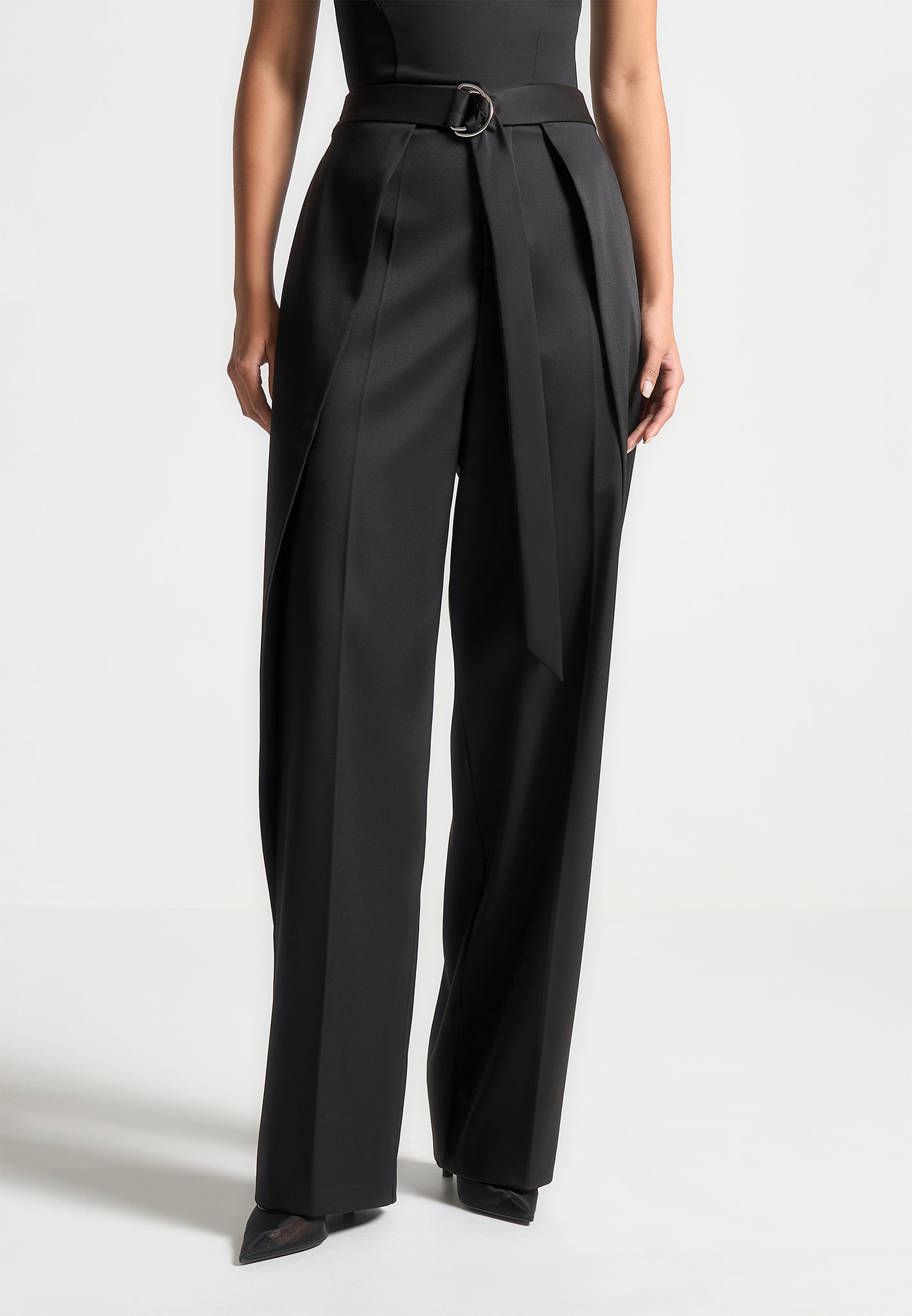Black Foldover Trousers with D-Ring Belt & Adjustable Waist | Manière De Voir
