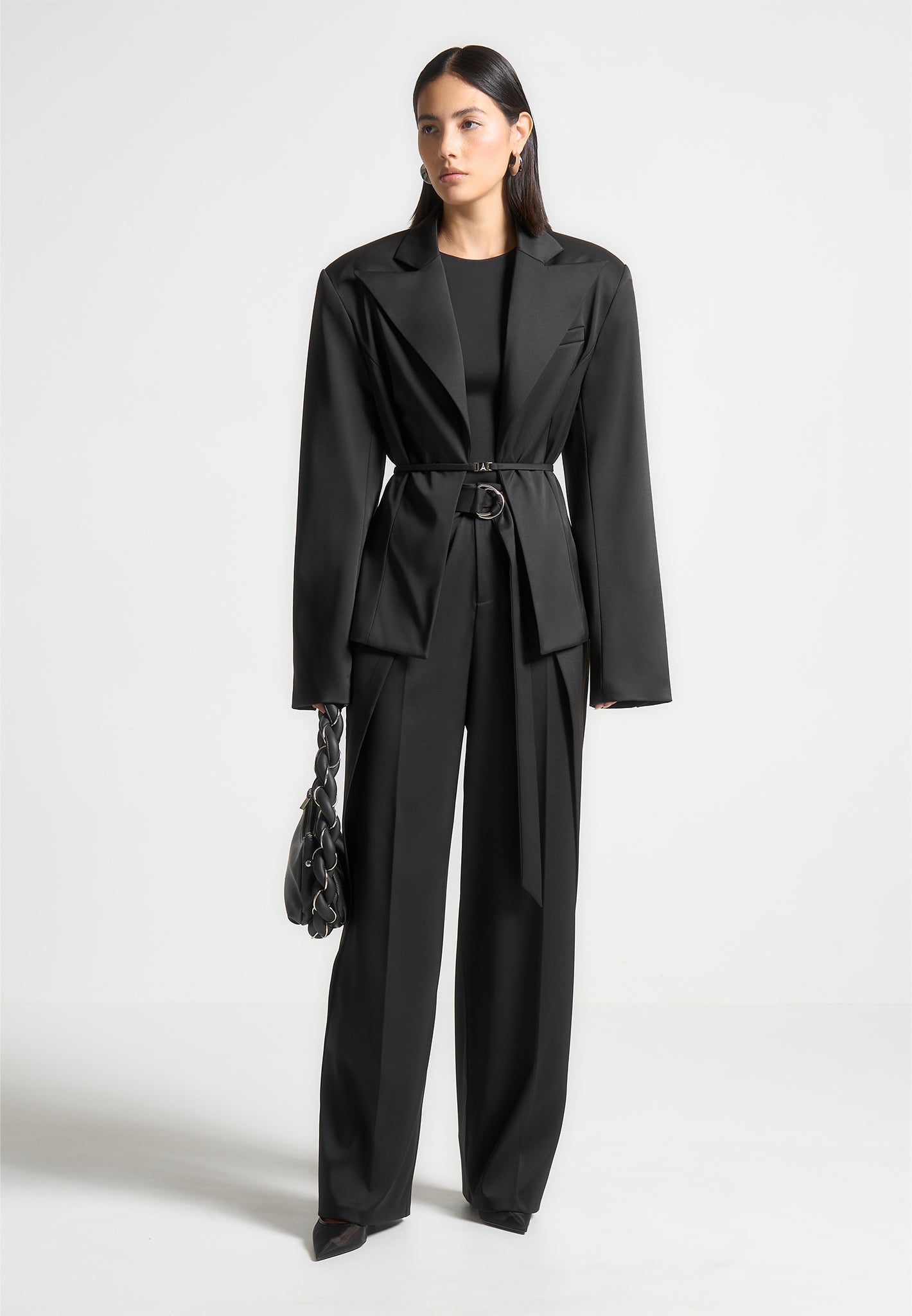 Black Foldover Trousers with D-Ring Belt & Adjustable Waist | Manière De Voir
