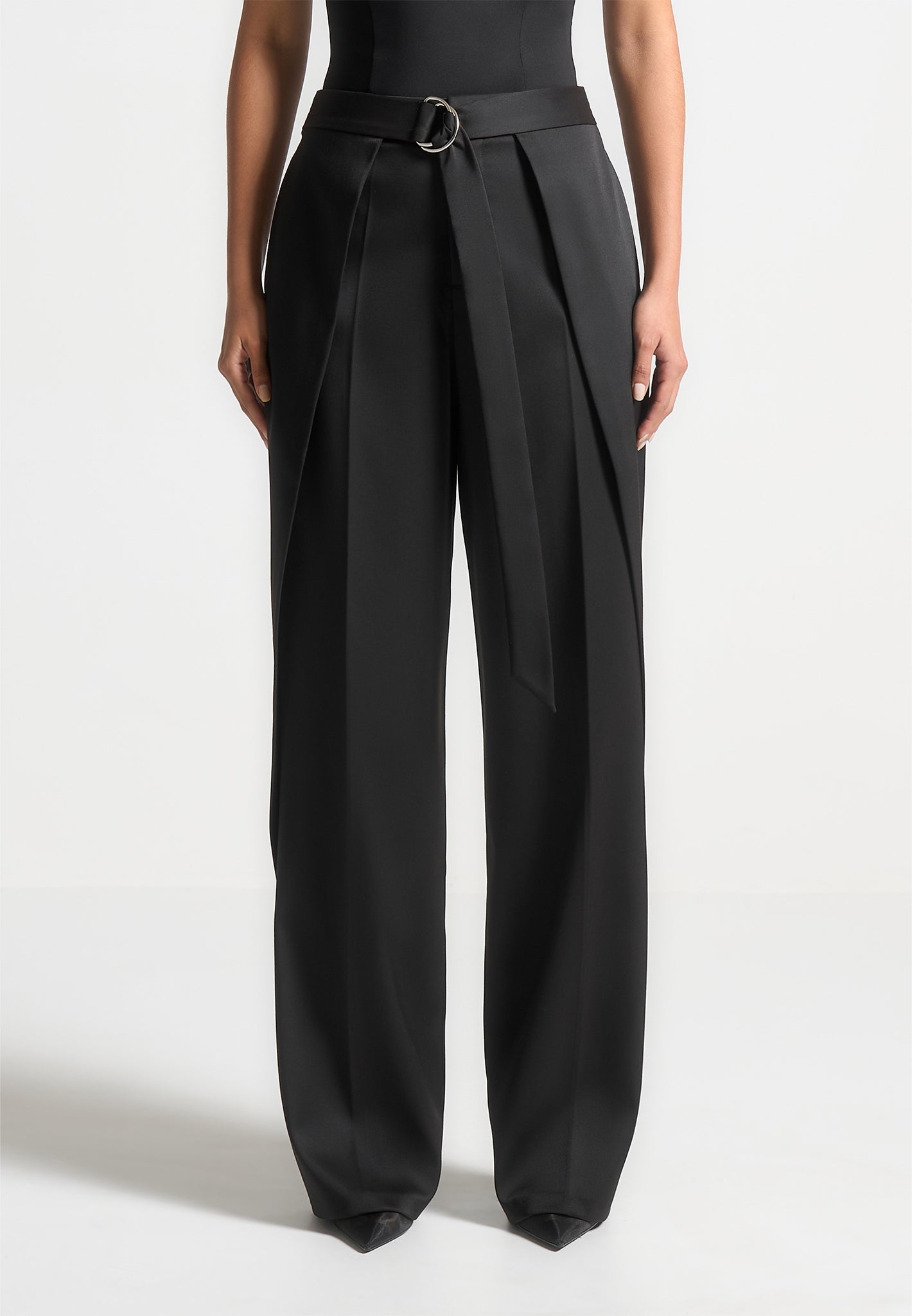 Black Foldover Trousers with D-Ring Belt & Adjustable Waist | Manière De Voir