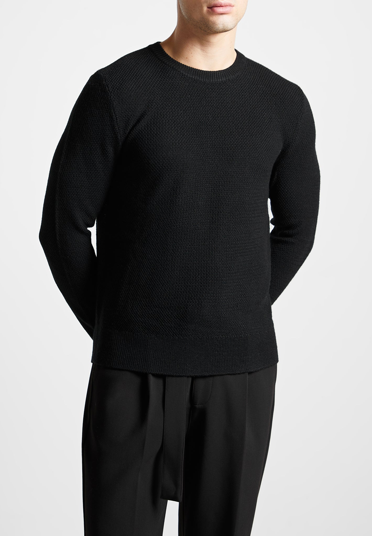 Textured Wool Blend Jumper for Men | Gabin Black Crew Neck