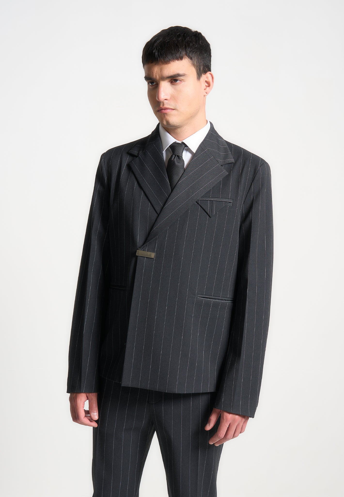 Double Breasted Pinstripe Suit Jacket in Grey | Gaston
