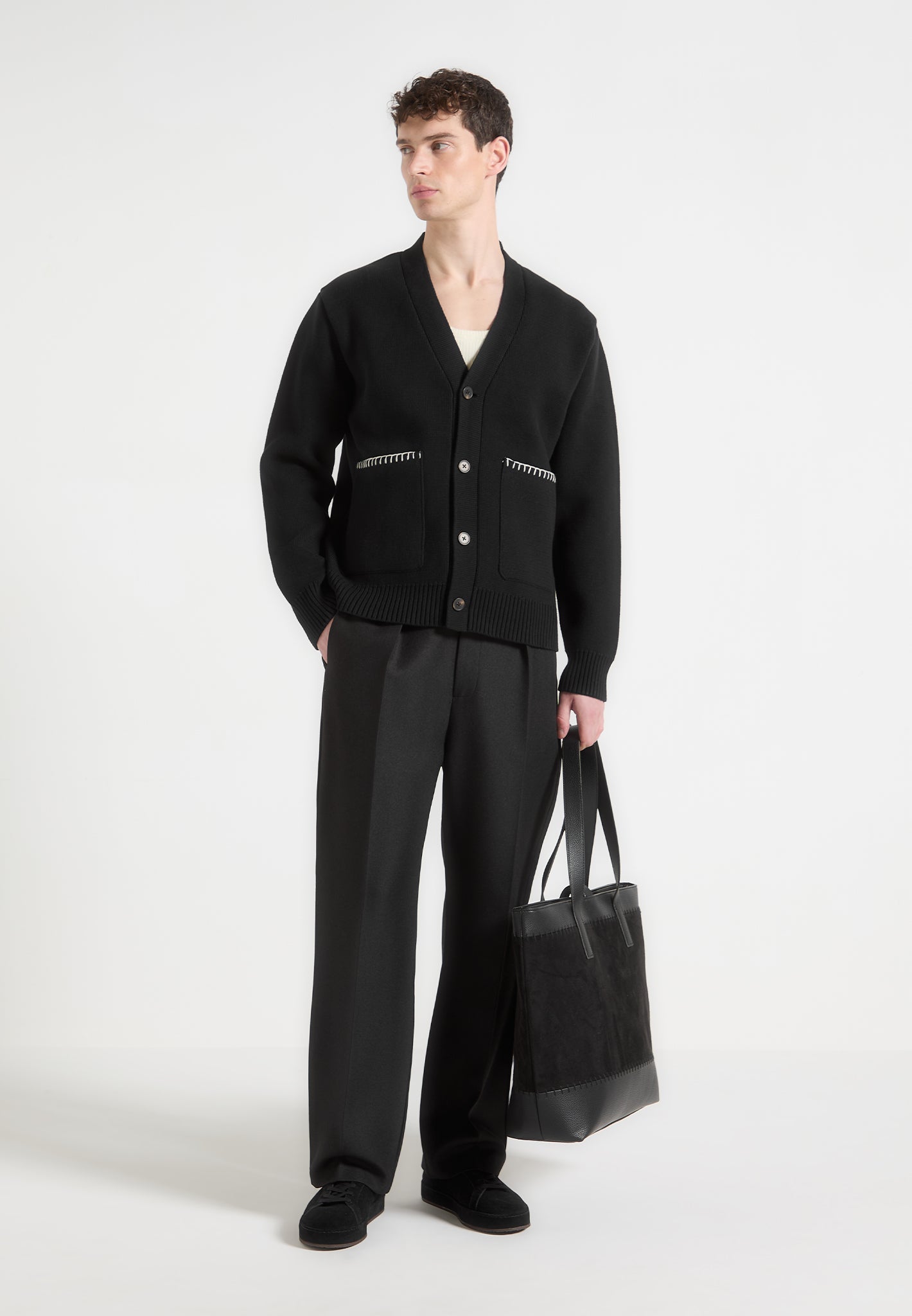 Whipstitch Combed Cotton Cardigan with Patch Pockets | Gilbert