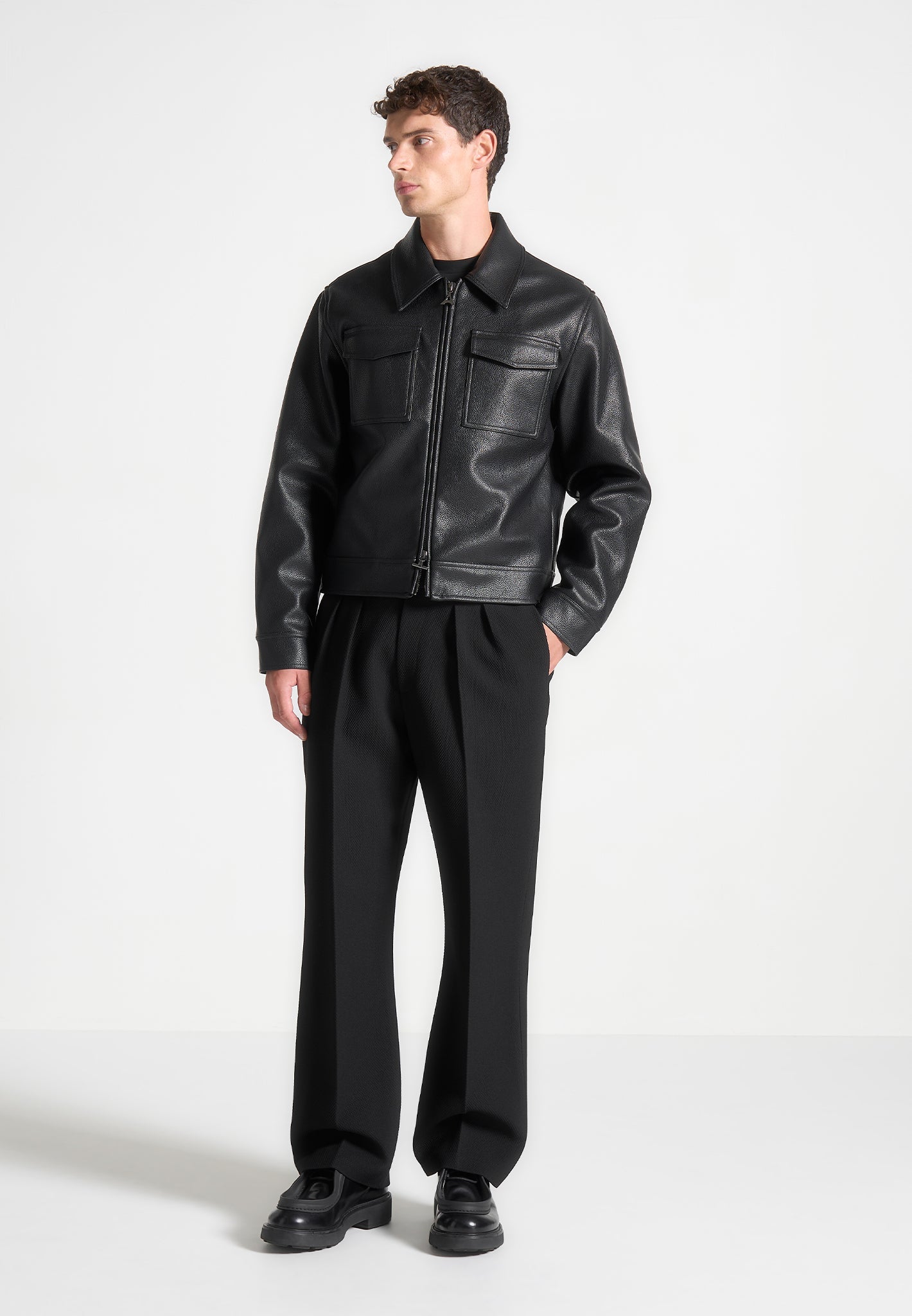 Textured Vegan Leather Jacket with Detachable Collar | Manière De Voir