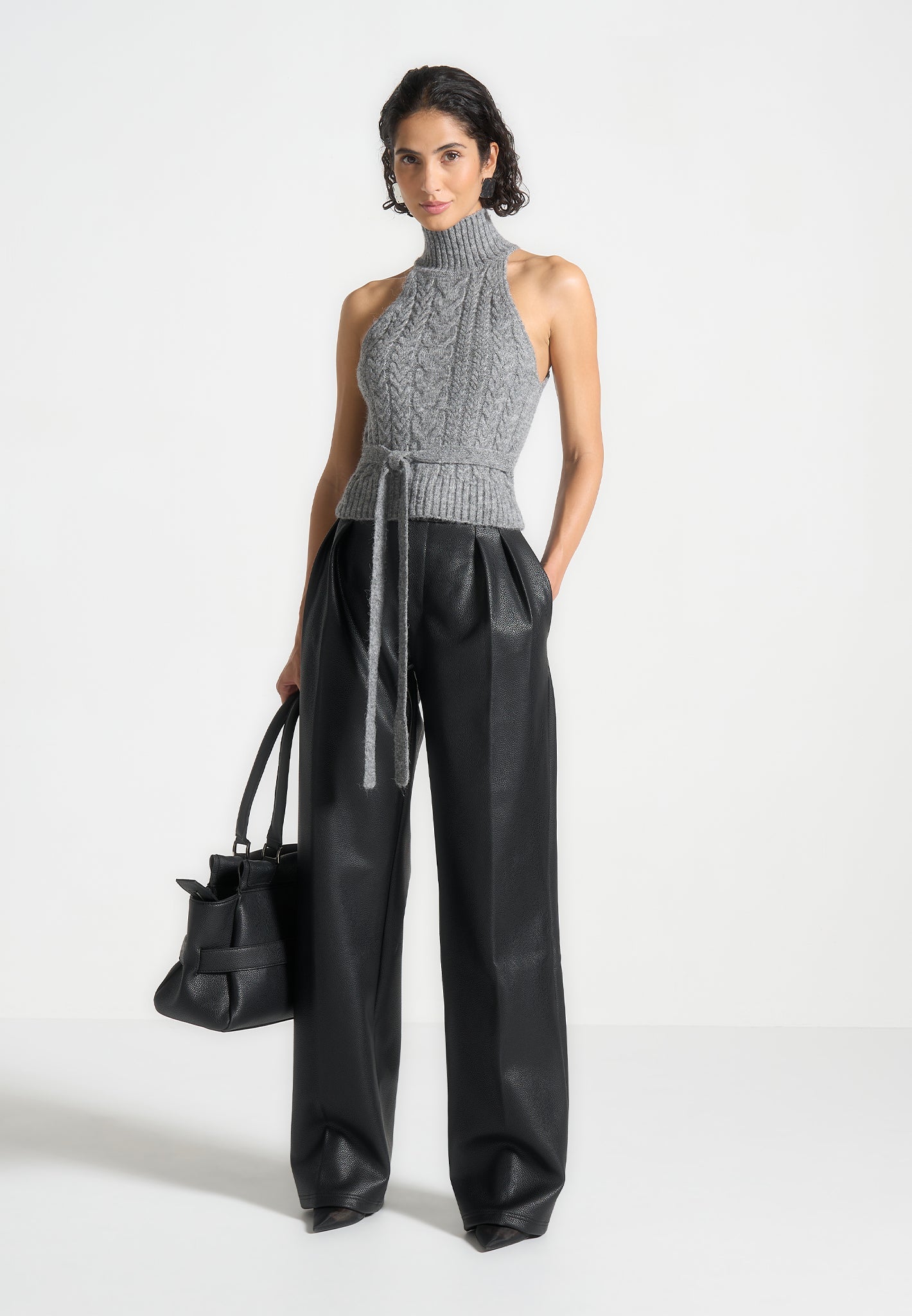 Cable Knit Wool Halter Top with Waist Tie | Grey
