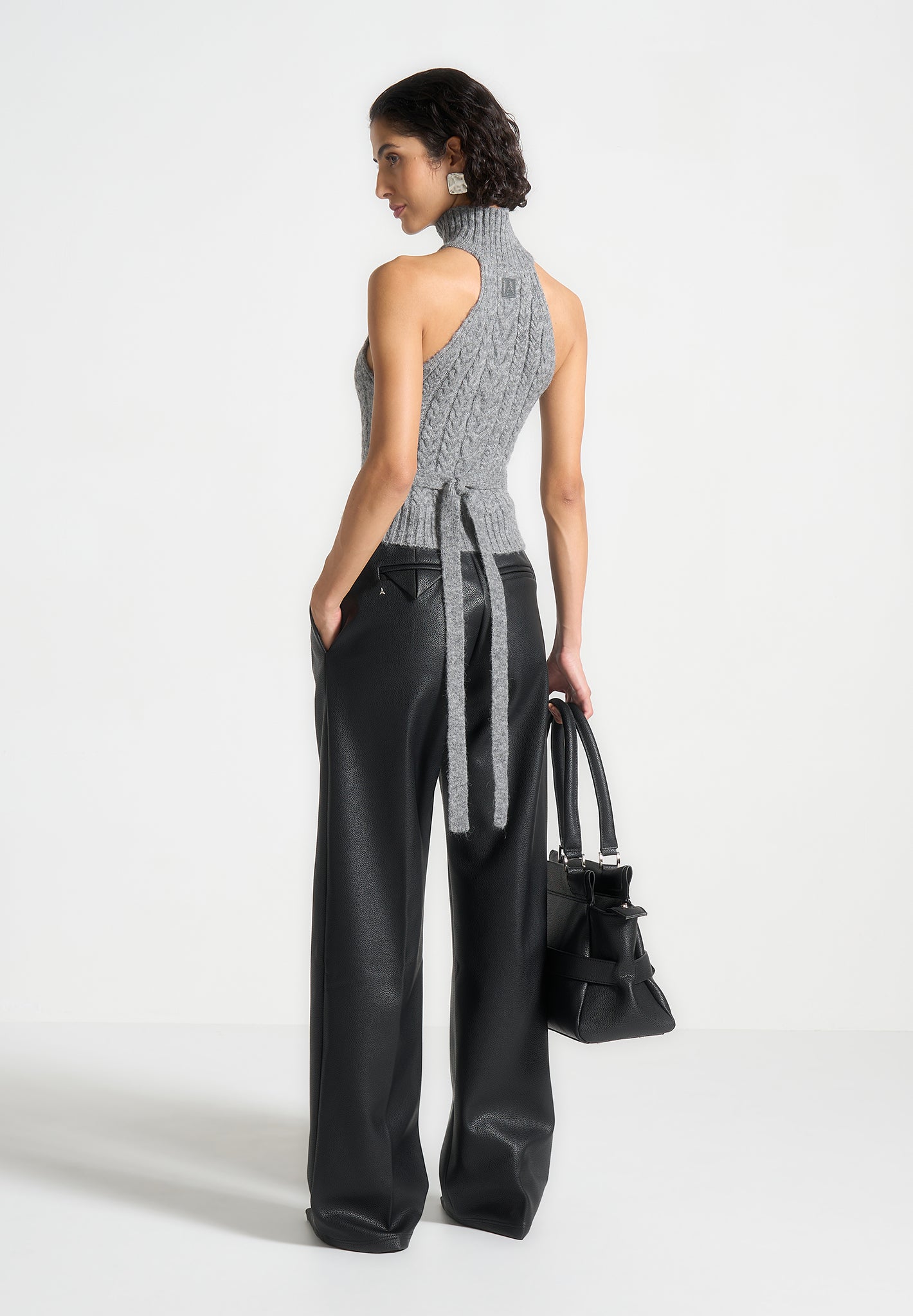 Cable Knit Wool Halter Top with Waist Tie | Grey