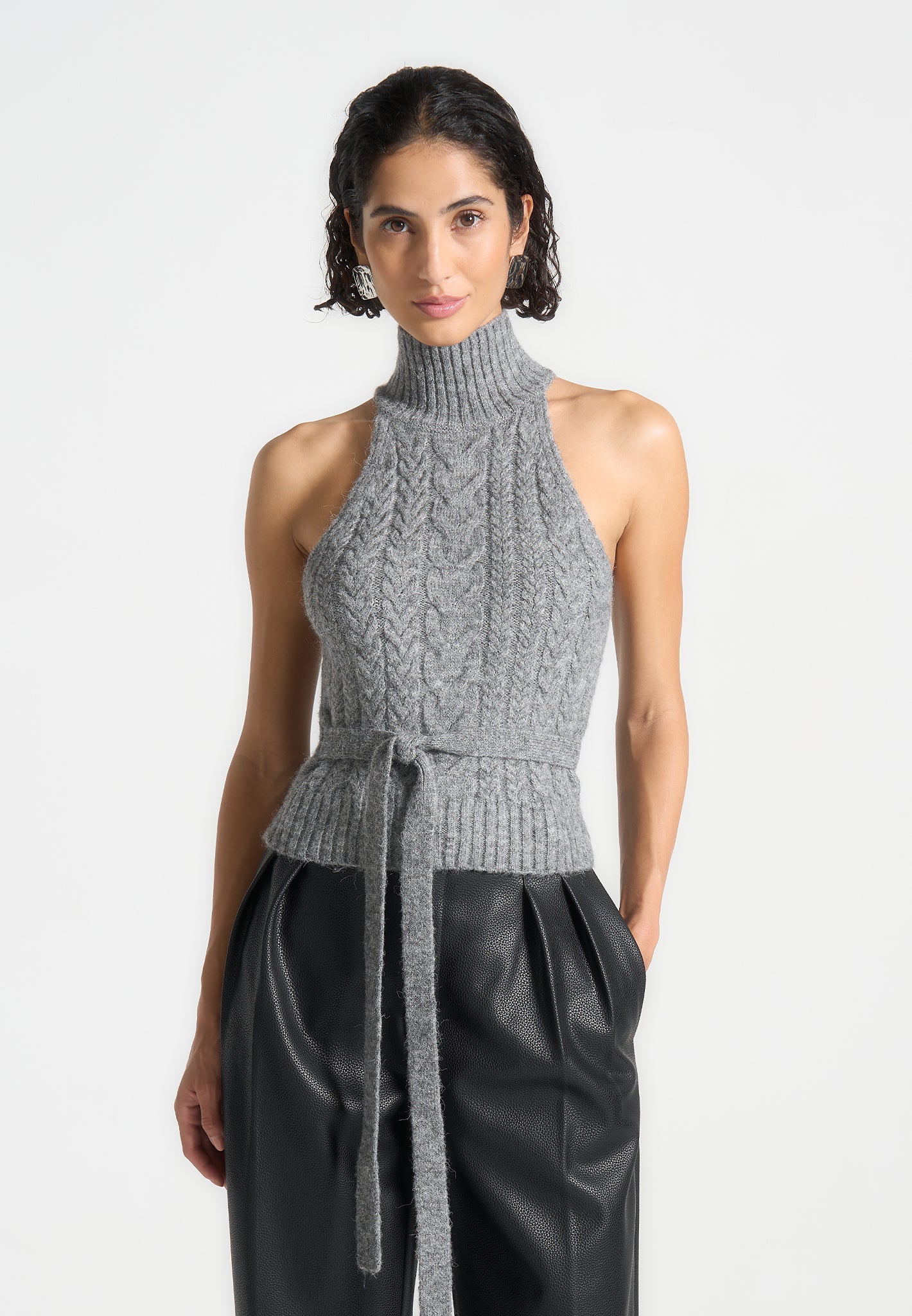 Cable Knit Wool Halter Top with Waist Tie | Grey