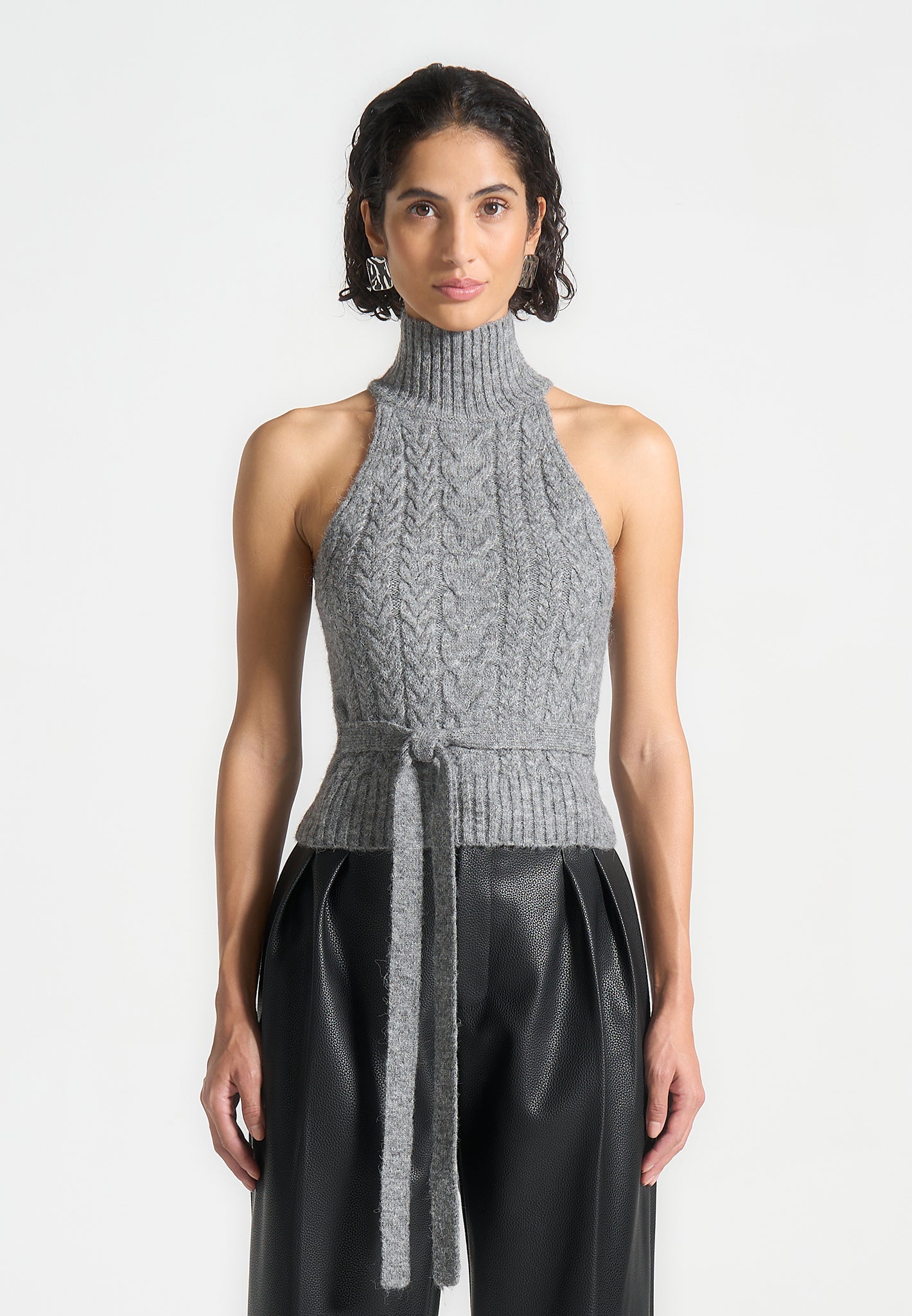 Cable Knit Wool Halter Top with Waist Tie | Grey