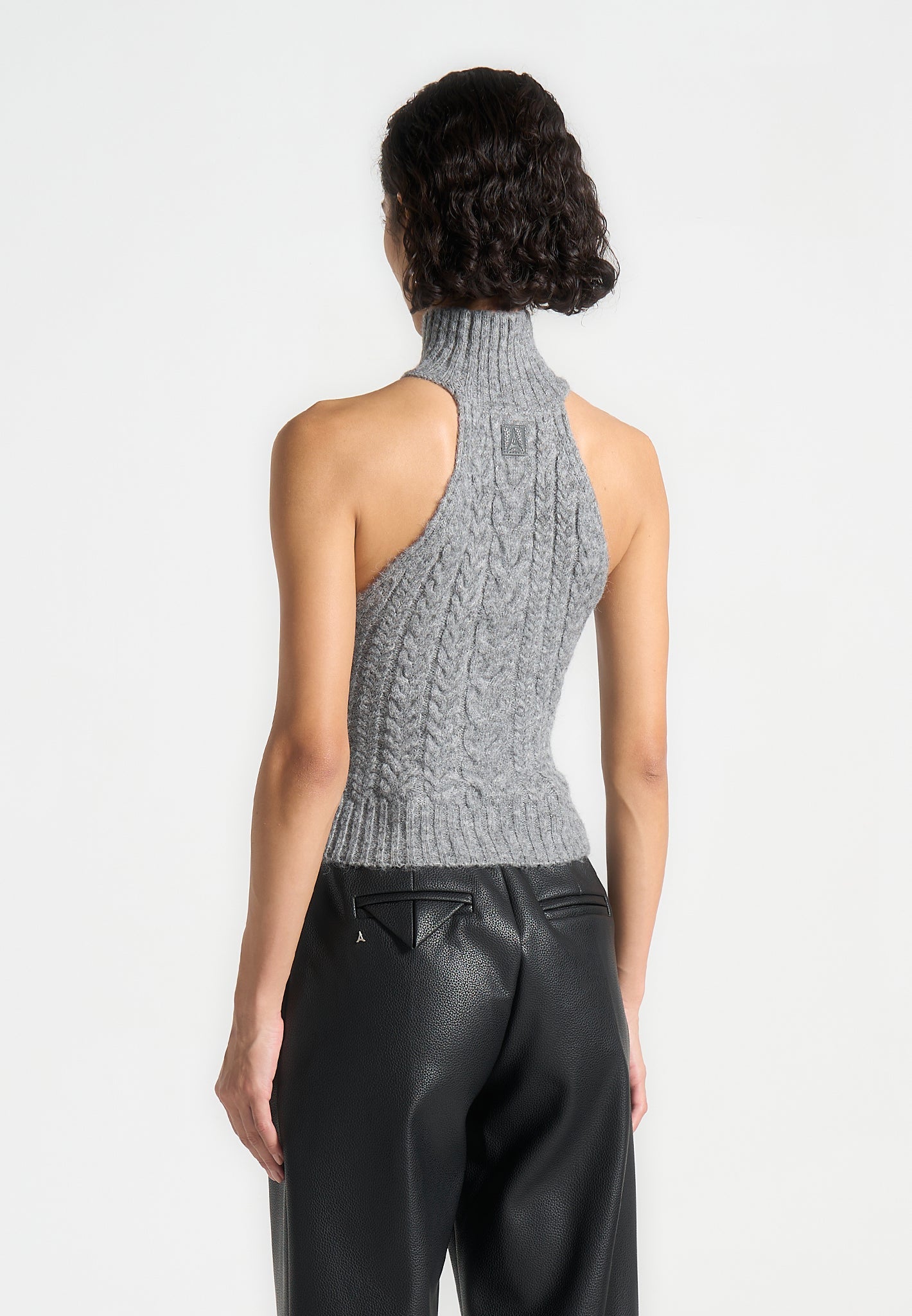 Cable Knit Wool Halter Top with Waist Tie | Grey