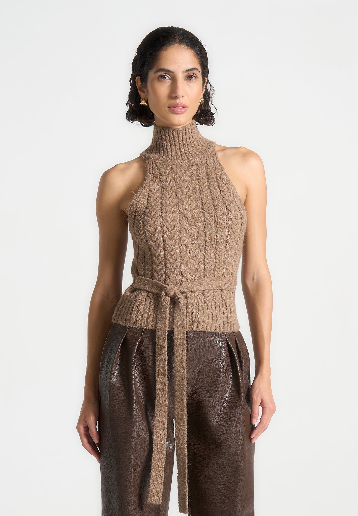 Cable Knit Halter Top with Waist Tie | Taupe Wool Blend