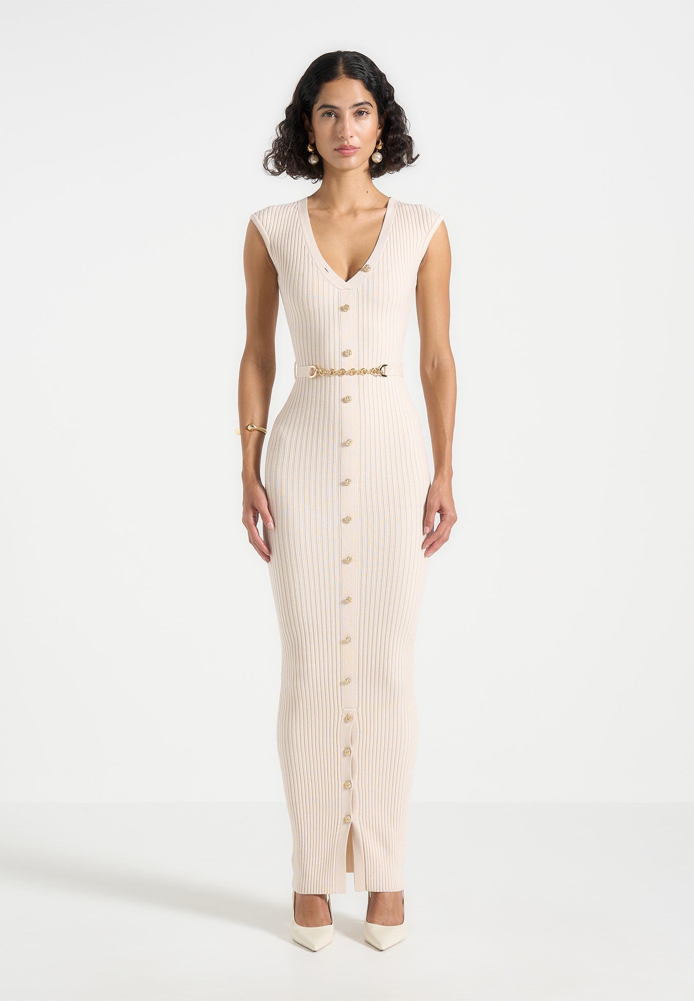 Rib Knit Midi Dress with Belt & V-Neck | Helene - Beige