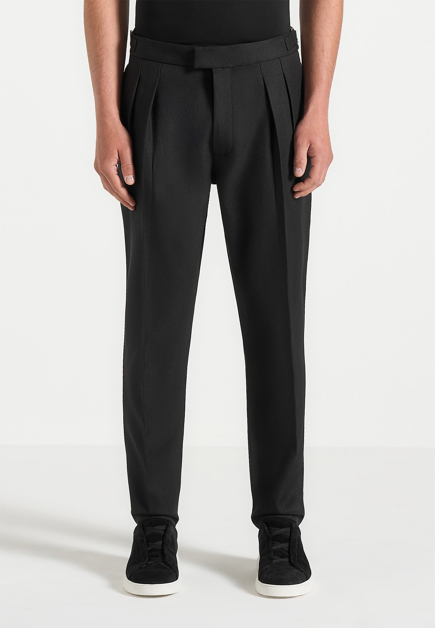 Slim Fit Tailored Trousers with Adjustable Waist & Twin Pleats | Hubert