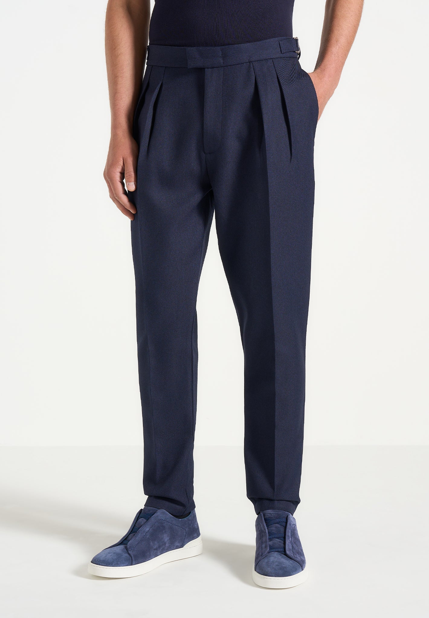 Slim Fit Tailored Trousers with Adjustable Waist | Hubert Navy